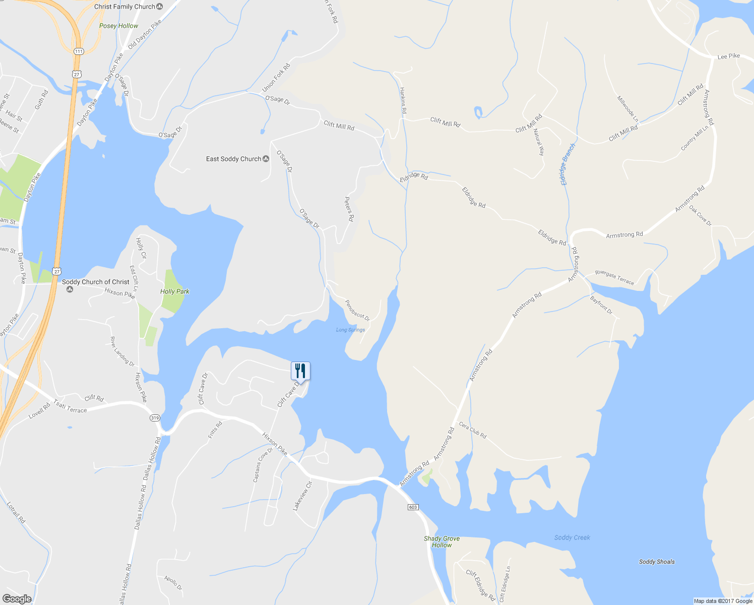 map of restaurants, bars, coffee shops, grocery stores, and more near 11651 Jacarilla Road in Soddy-Daisy