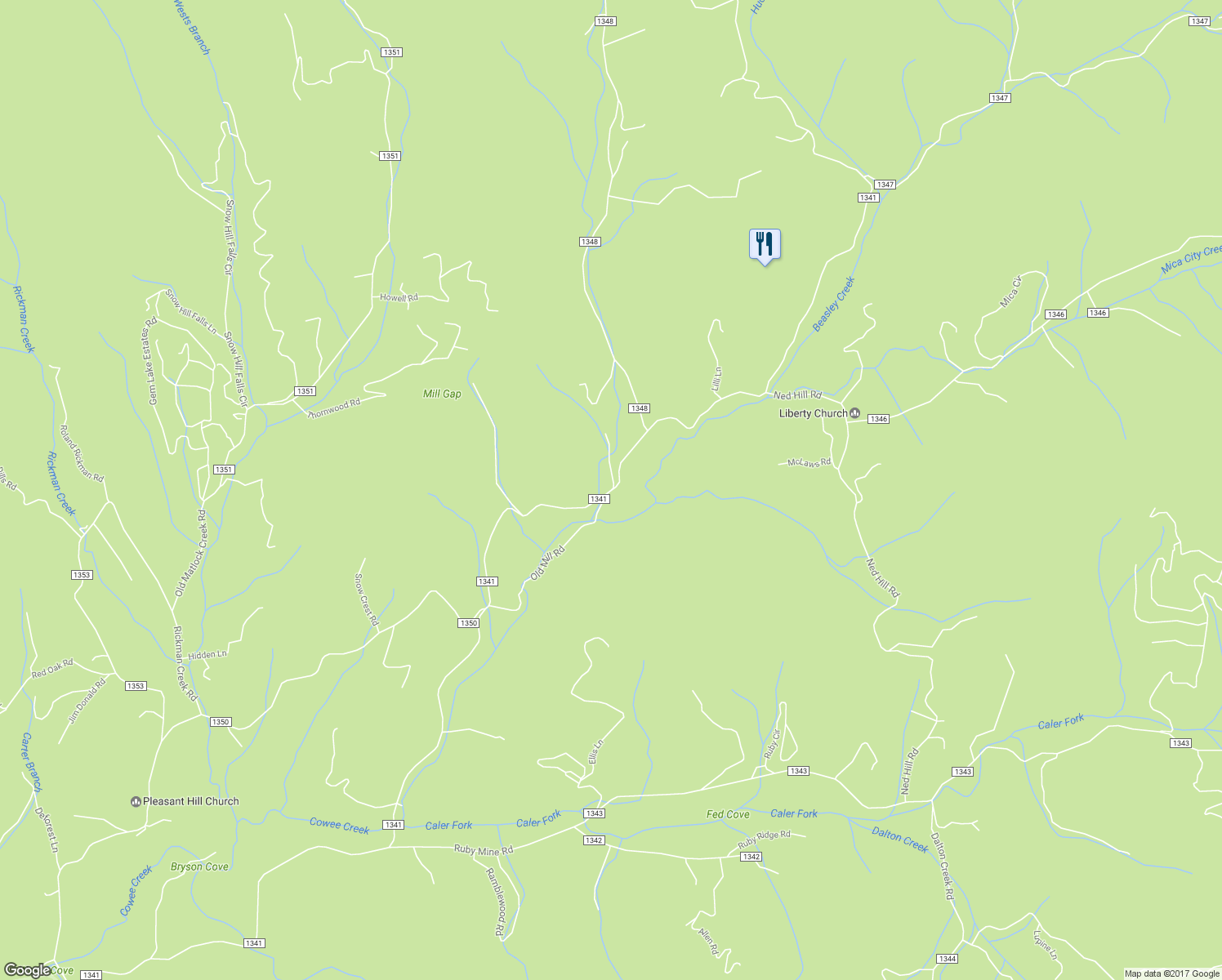 map of restaurants, bars, coffee shops, grocery stores, and more near Leatherman Gap Road in Franklin