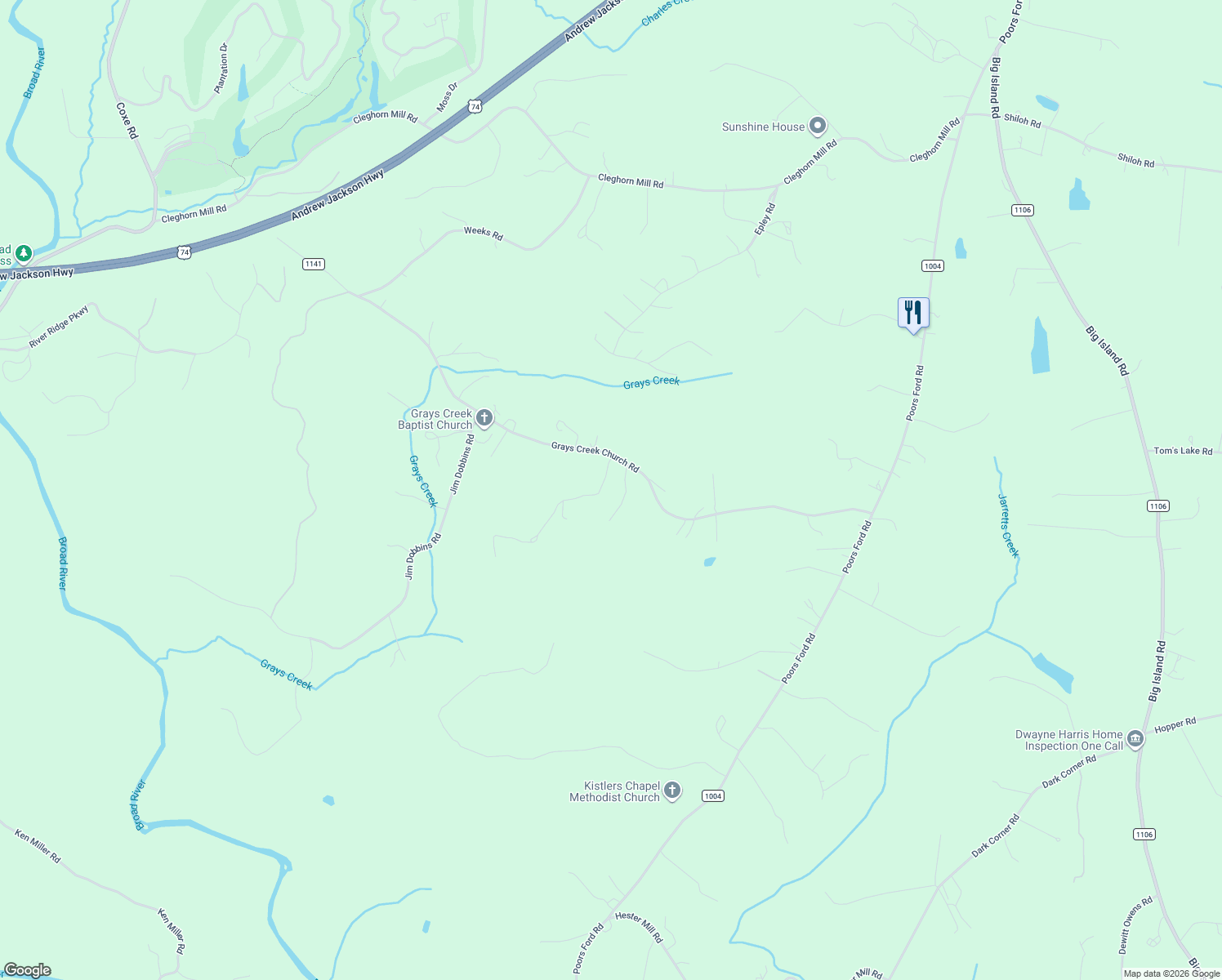 map of restaurants, bars, coffee shops, grocery stores, and more near 147 Capps Lane in Rutherfordton