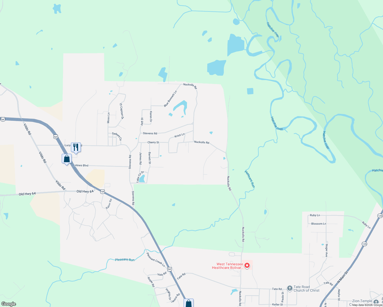 map of restaurants, bars, coffee shops, grocery stores, and more near 307 Blake Cove in Bolivar