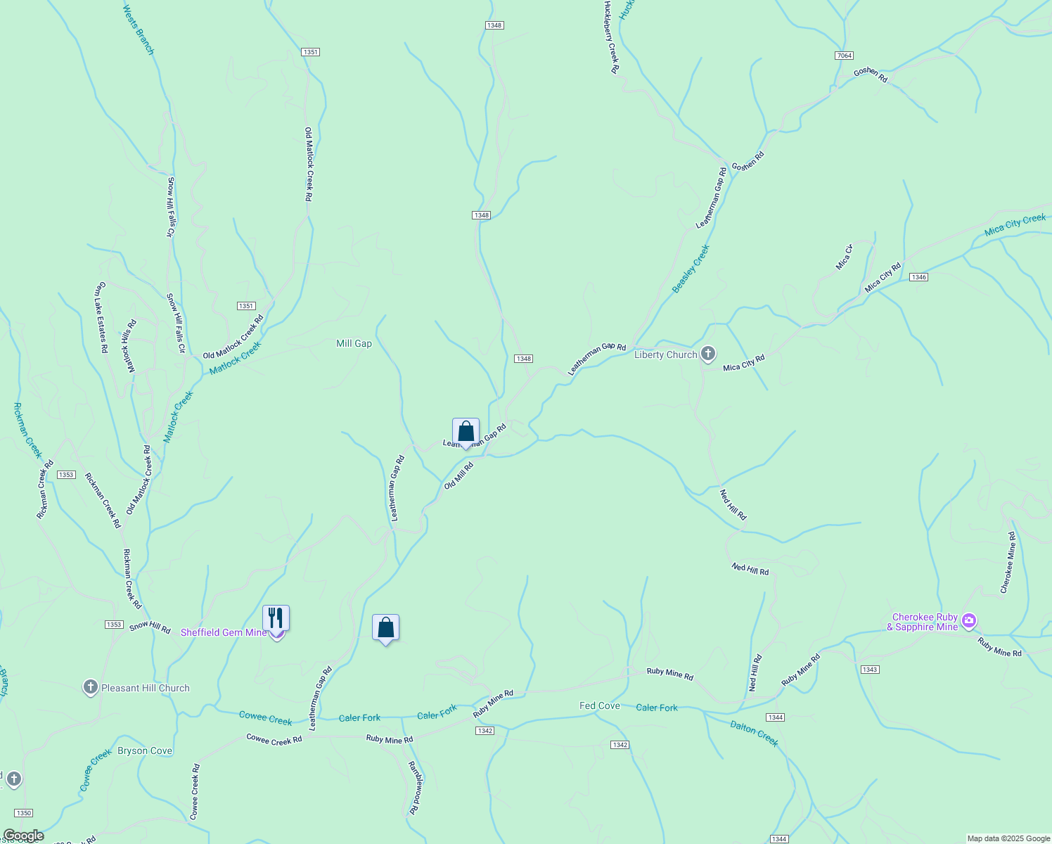 map of restaurants, bars, coffee shops, grocery stores, and more near Leatherman Gap Road in Franklin