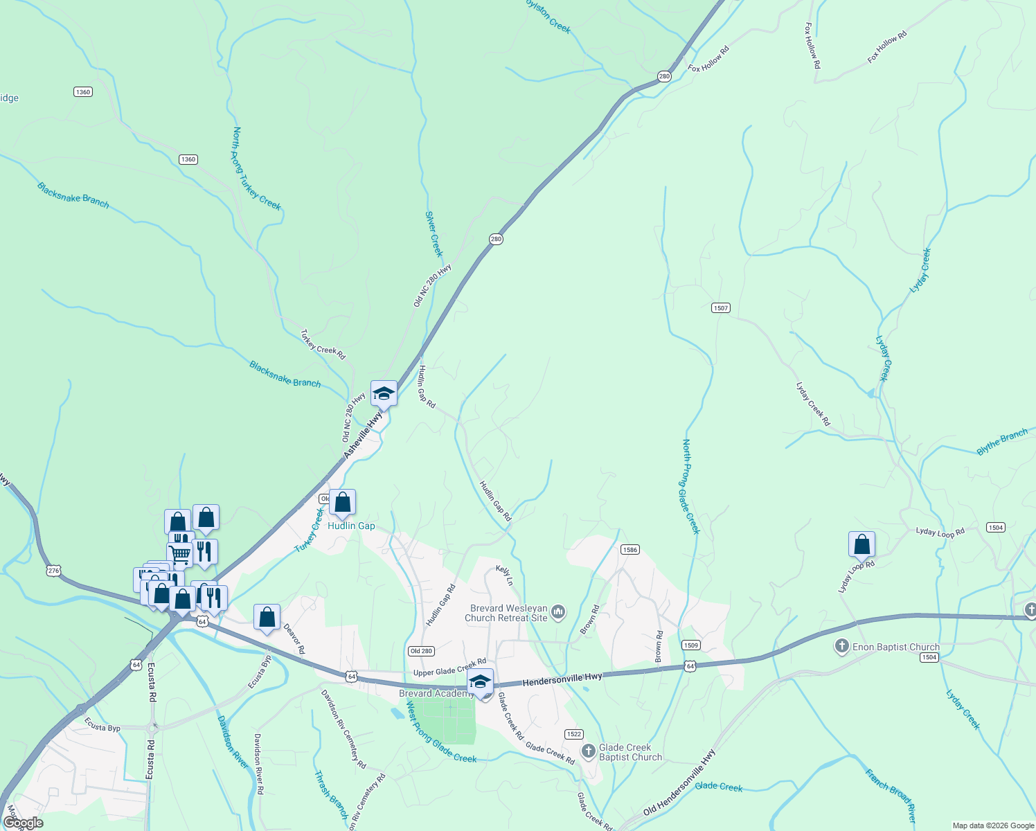 map of restaurants, bars, coffee shops, grocery stores, and more near Norm Col Road in Transylvania County