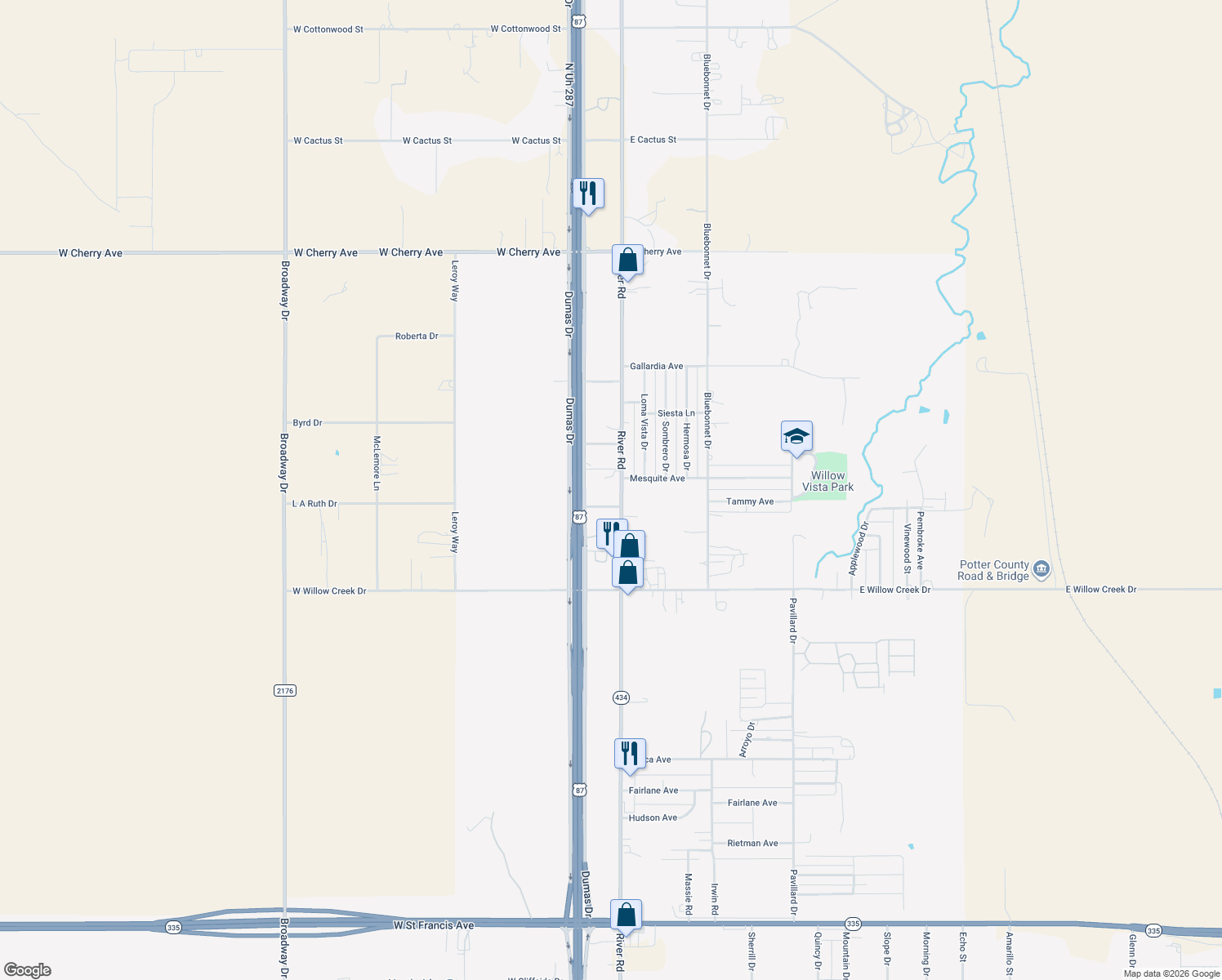 map of restaurants, bars, coffee shops, grocery stores, and more near 7607 River Rd in Amarillo
