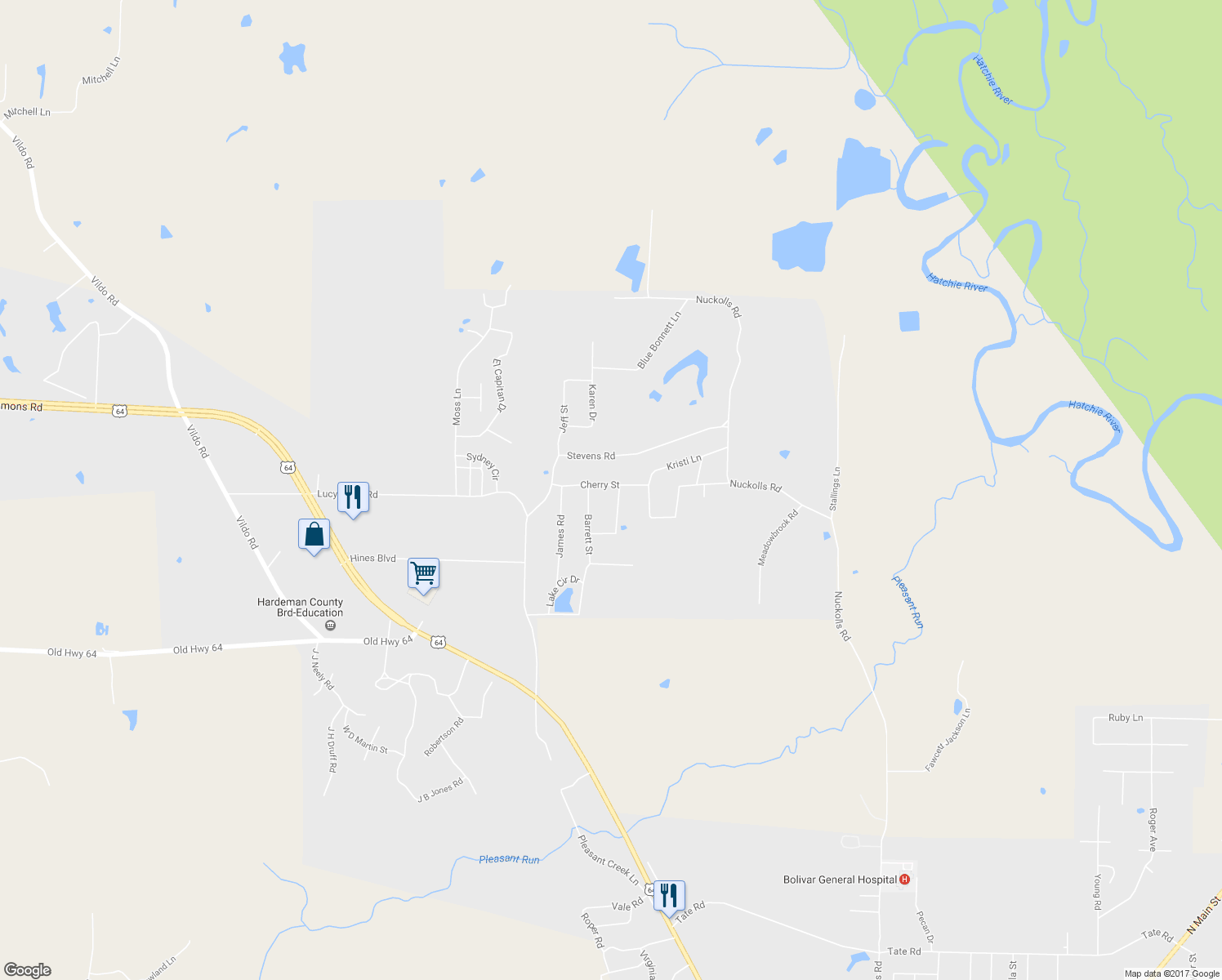 map of restaurants, bars, coffee shops, grocery stores, and more near 119 Weaver Lane in Bolivar