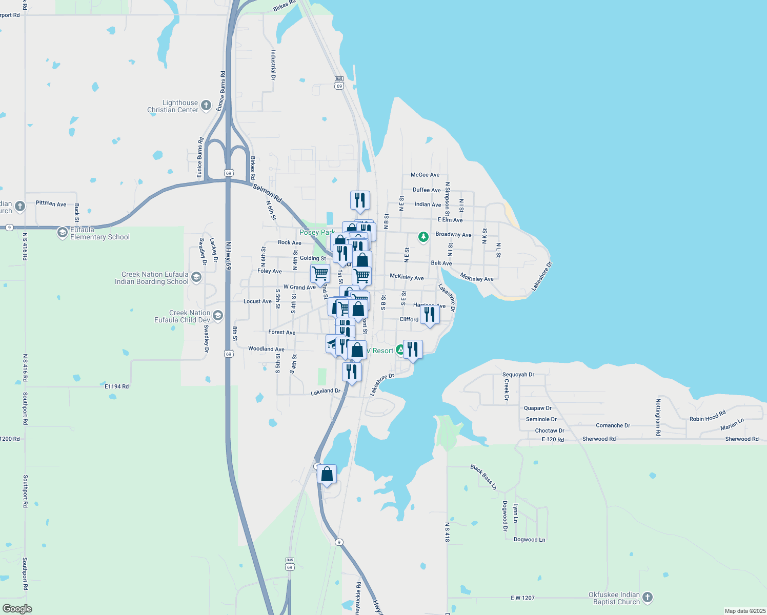 map of restaurants, bars, coffee shops, grocery stores, and more near 5 Harrison Avenue in Eufaula