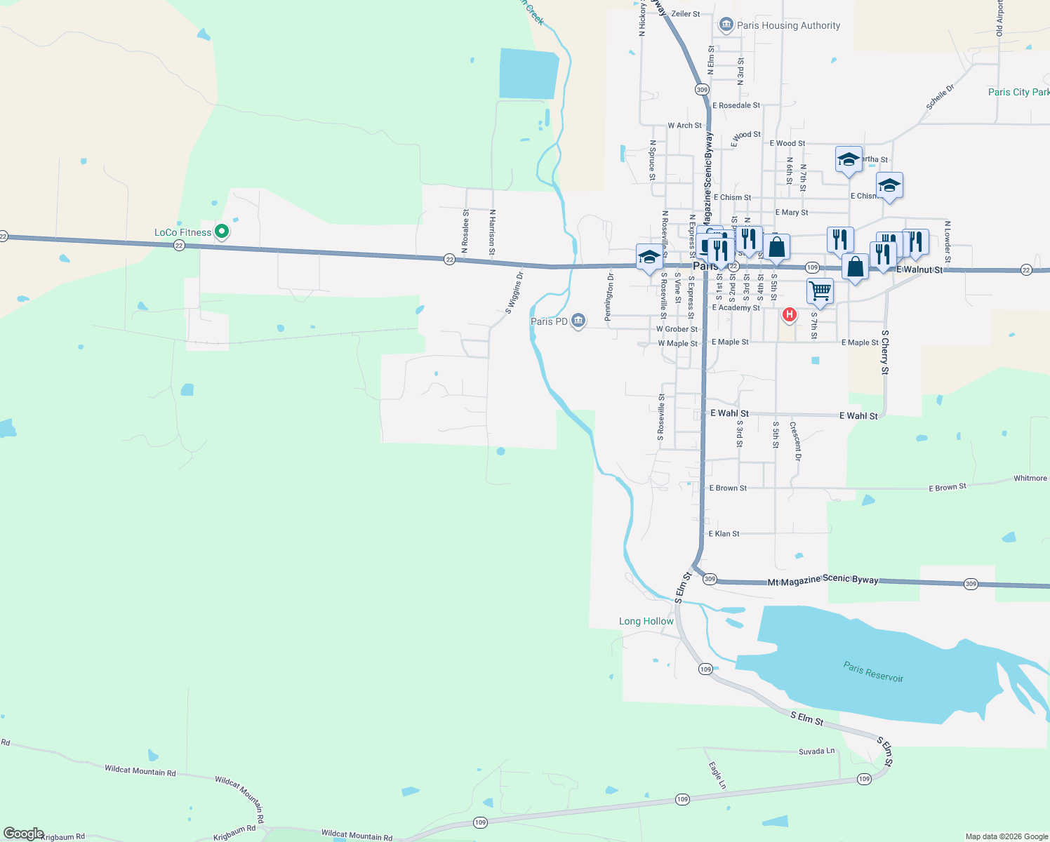map of restaurants, bars, coffee shops, grocery stores, and more near 644 South Wiggins Drive in Paris