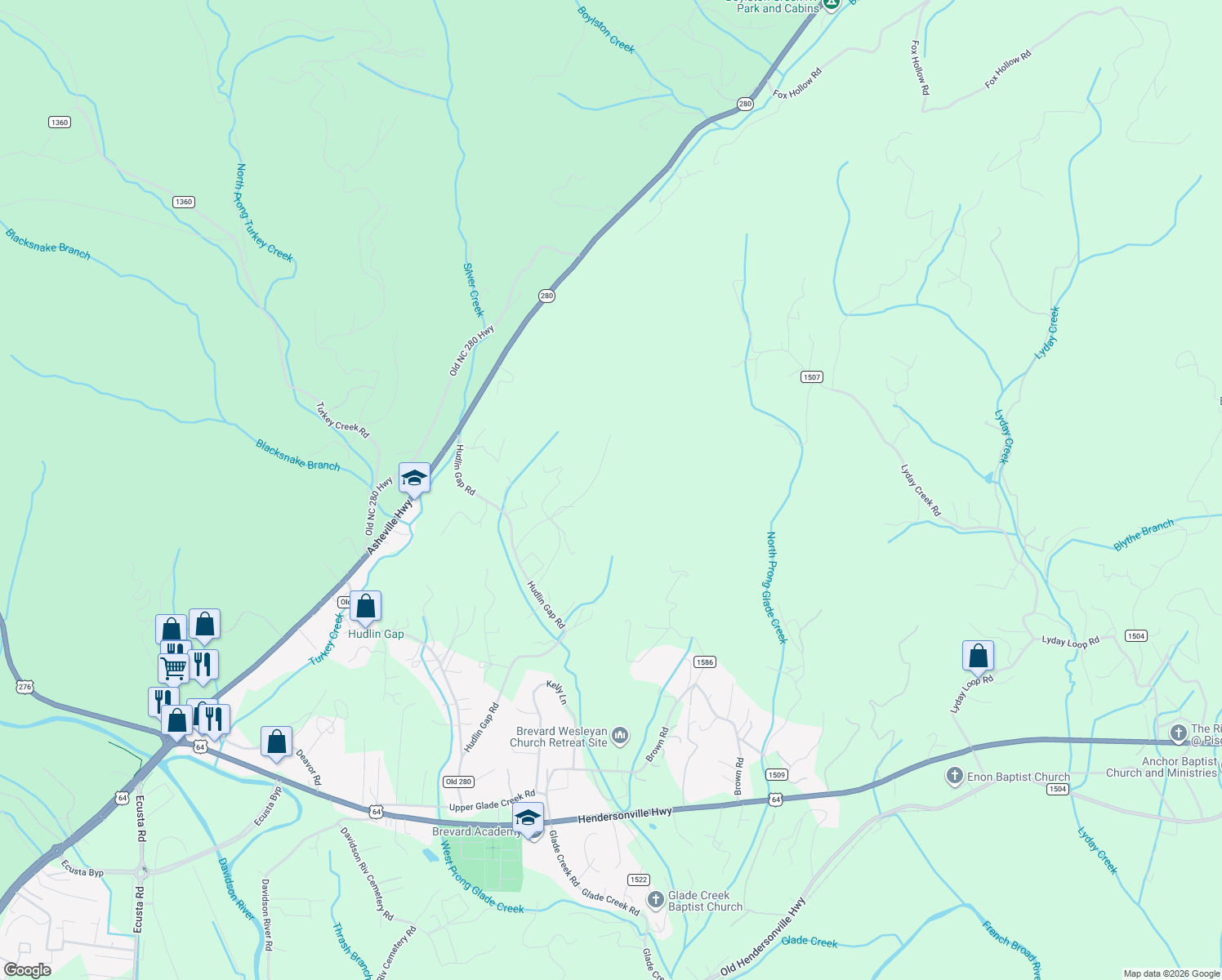 map of restaurants, bars, coffee shops, grocery stores, and more near Norm Col Road in Pisgah Forest