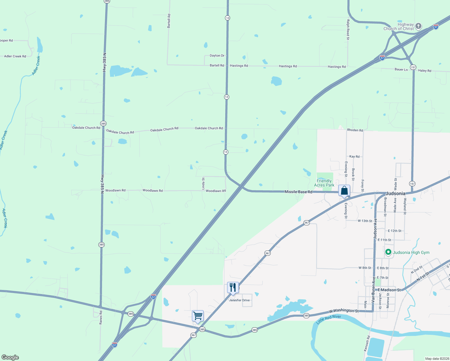 map of restaurants, bars, coffee shops, grocery stores, and more near 113 Woodlawn Road in Judsonia