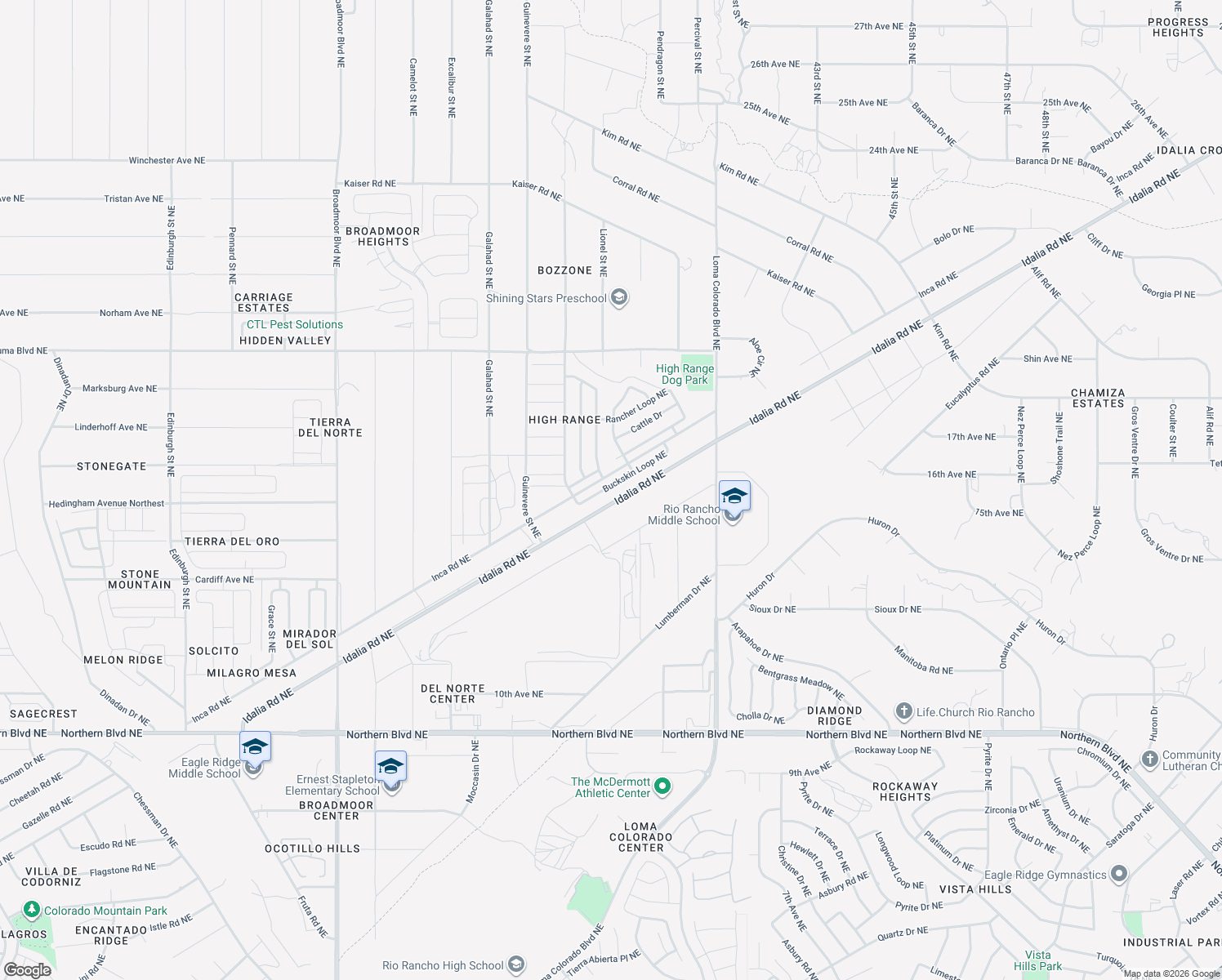 map of restaurants, bars, coffee shops, grocery stores, and more near 3702 Buckskin Loop Northeast in Rio Rancho
