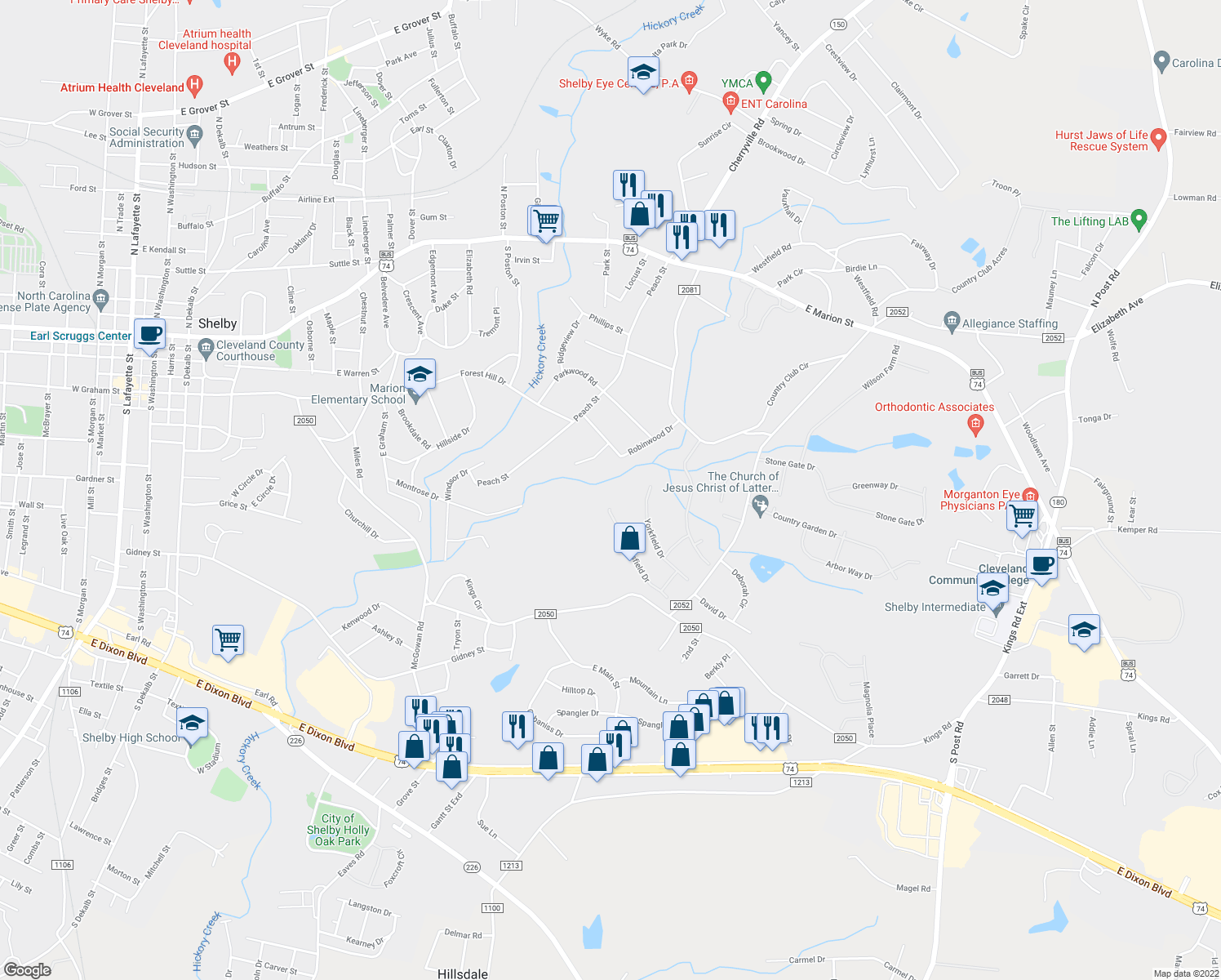 map of restaurants, bars, coffee shops, grocery stores, and more near 401 Williamsfield Drive in Shelby