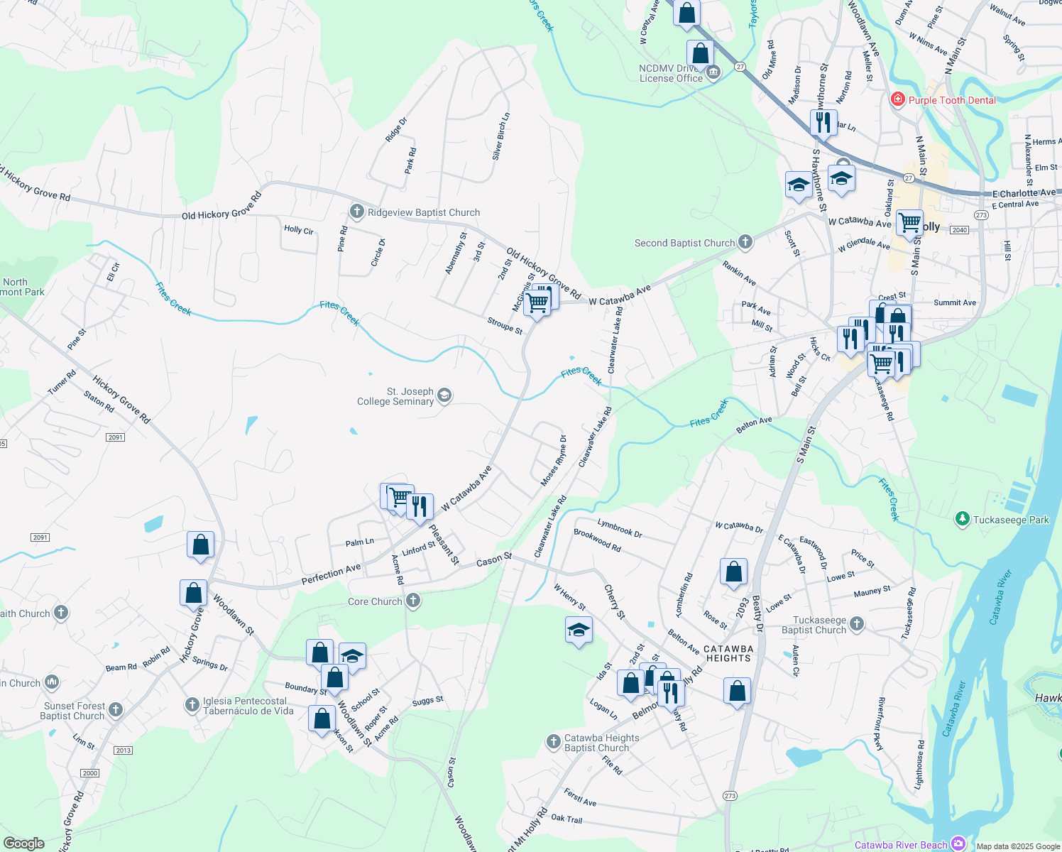 map of restaurants, bars, coffee shops, grocery stores, and more near 105 Moses Rhyne Drive in Mount Holly