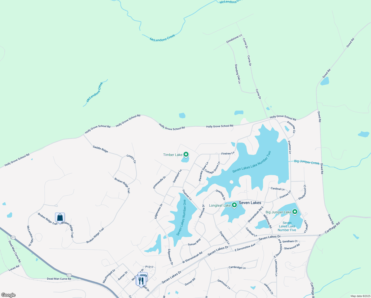map of restaurants, bars, coffee shops, grocery stores, and more near 115 Timber Dr in Seven Lakes