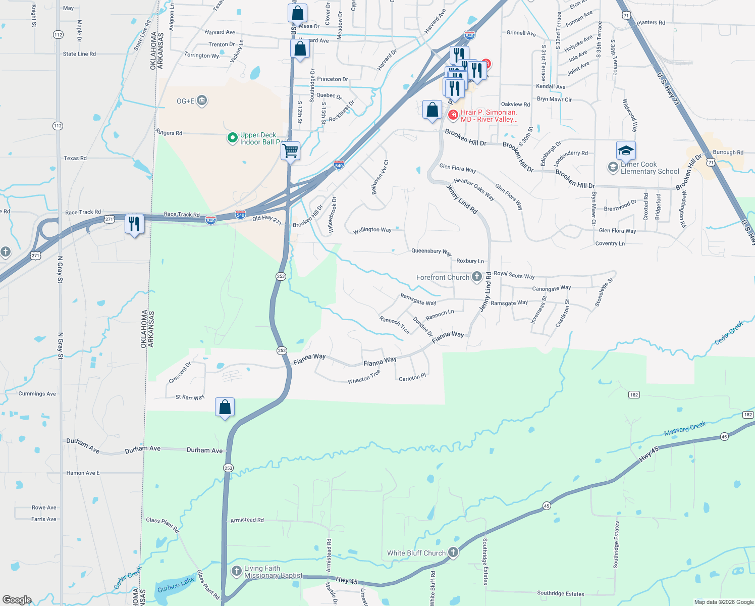 map of restaurants, bars, coffee shops, grocery stores, and more near 1809 Rannoch Trce in Fort Smith