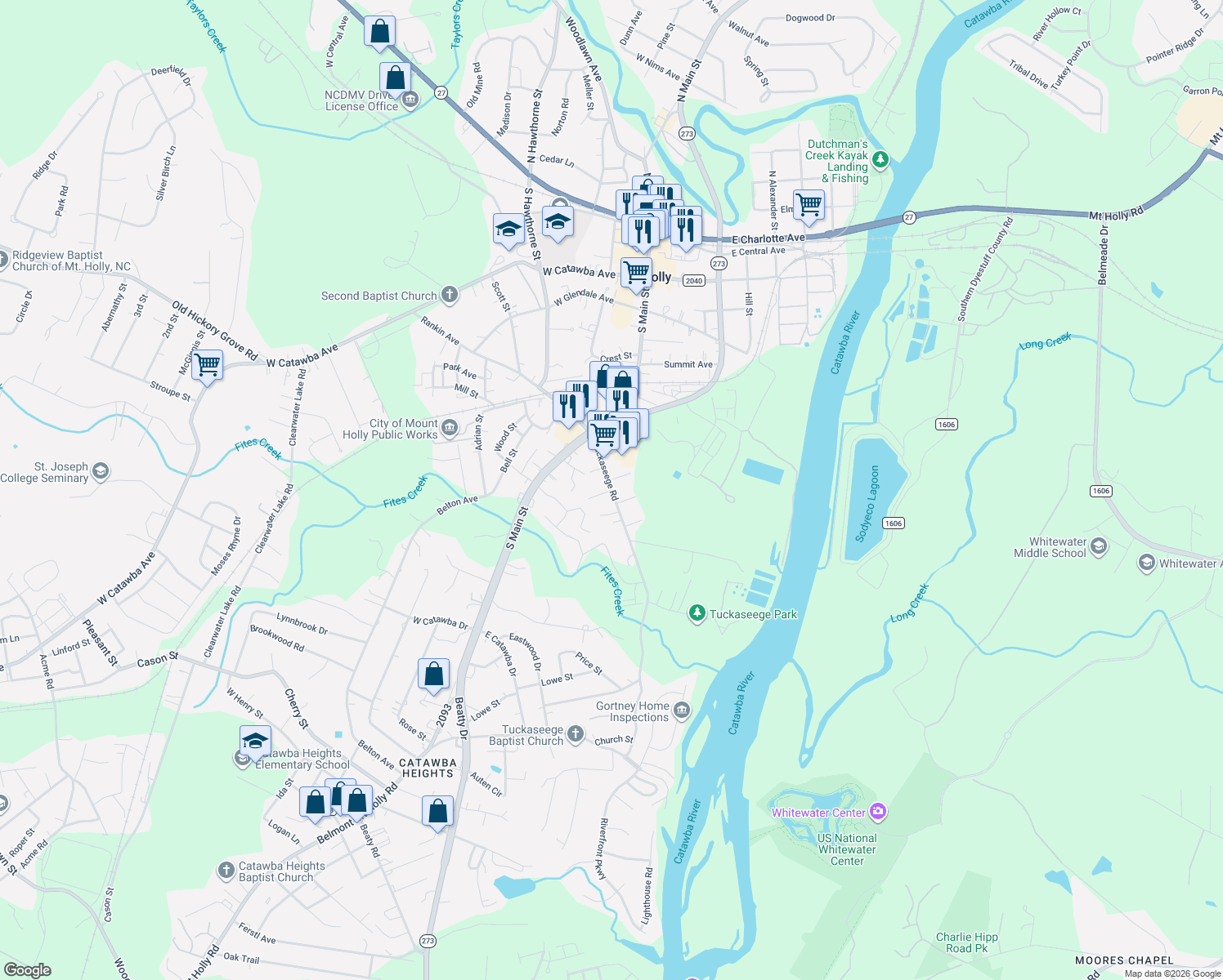 map of restaurants, bars, coffee shops, grocery stores, and more near Tuckaseege Rd & Quality Dr in Mt Holly