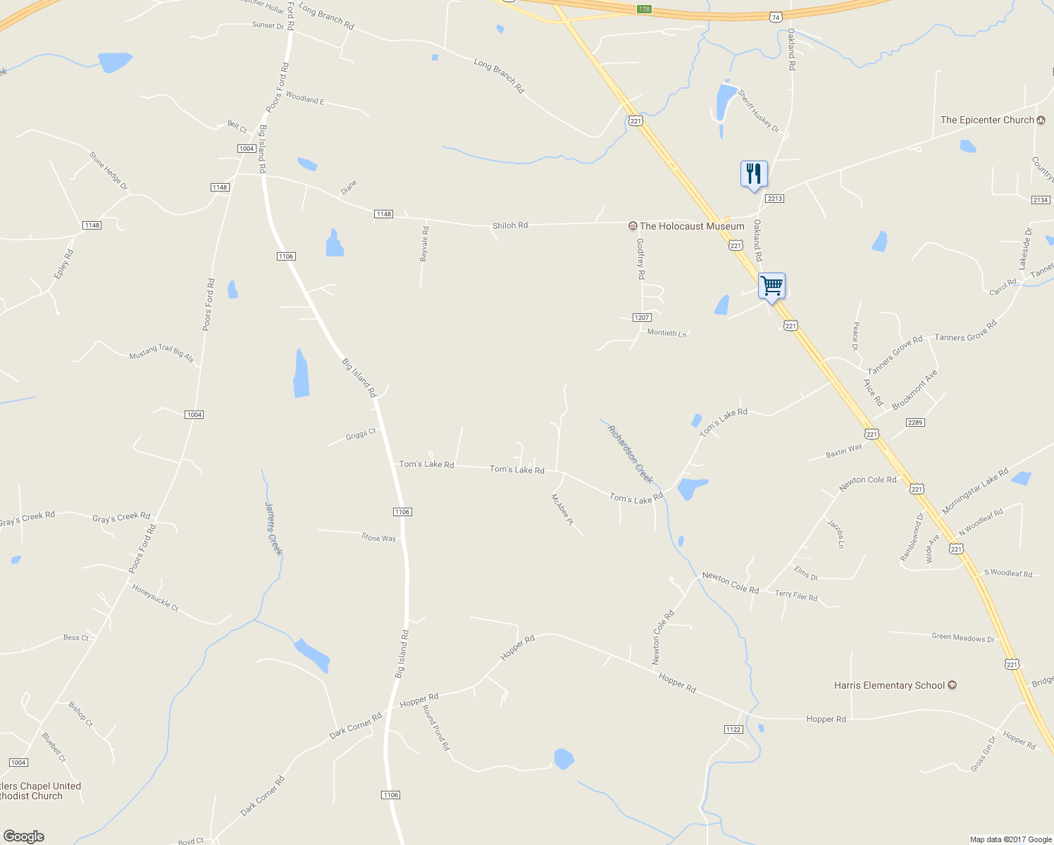 map of restaurants, bars, coffee shops, grocery stores, and more near 778 Tom's Lake Road in Forest City