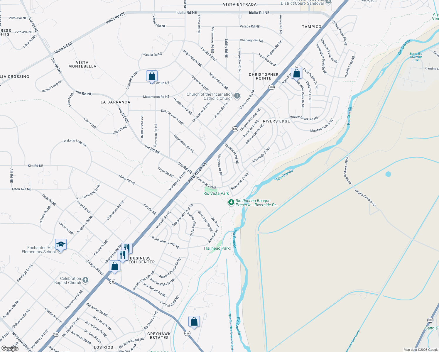 map of restaurants, bars, coffee shops, grocery stores, and more near 1721 Allegheny Drive Northeast in Rio Rancho