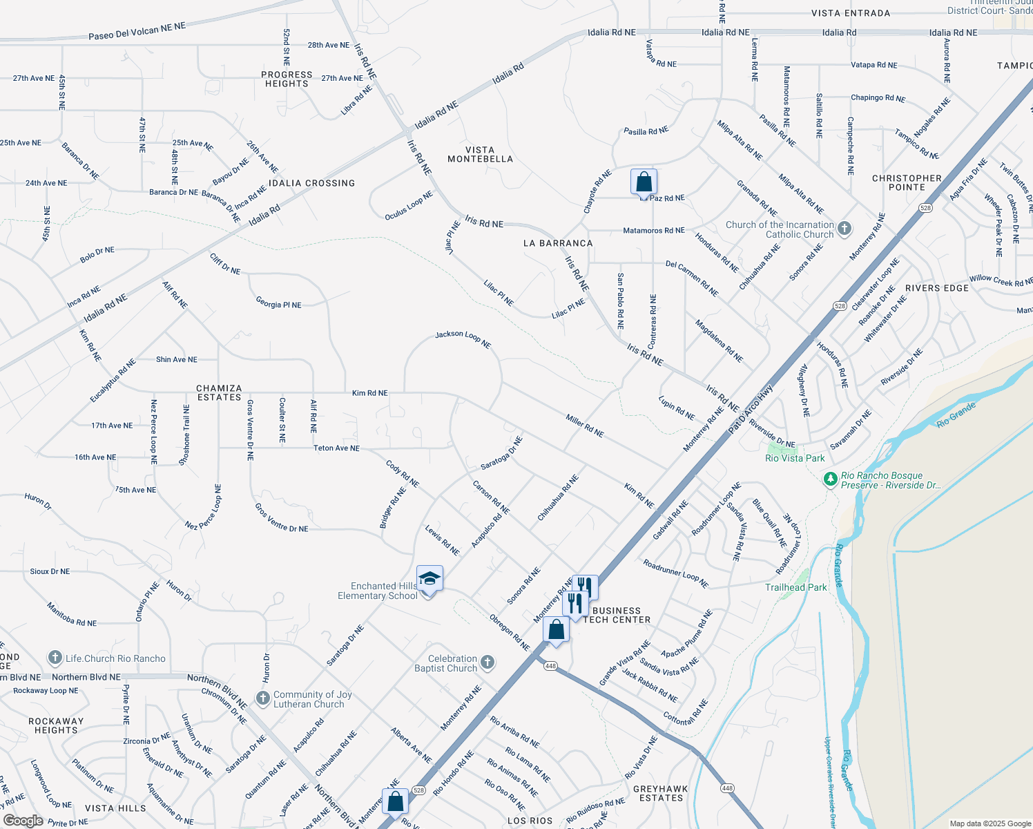 map of restaurants, bars, coffee shops, grocery stores, and more near 5651 Kim Road Northeast in Rio Rancho