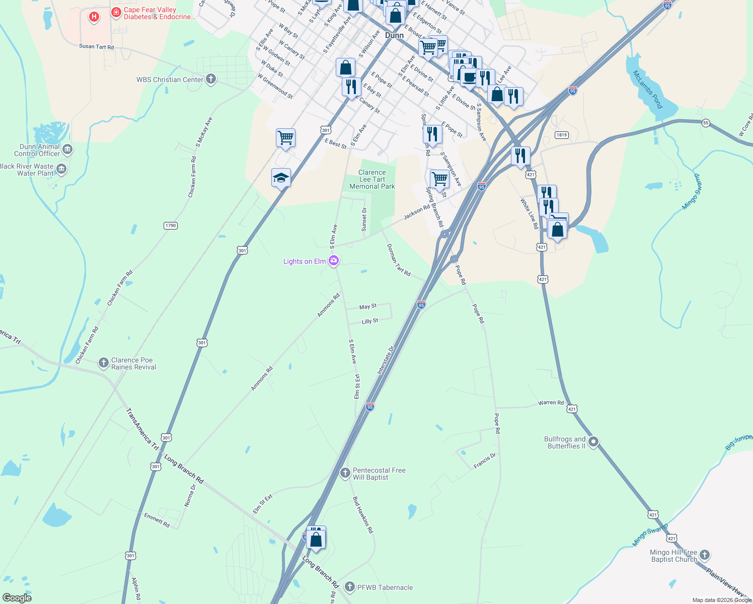 map of restaurants, bars, coffee shops, grocery stores, and more near 111 May St in Dunn