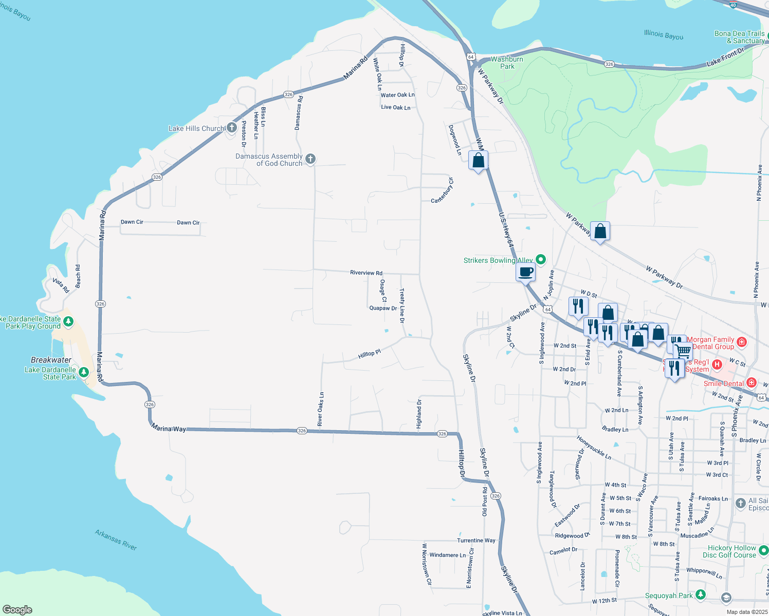 map of restaurants, bars, coffee shops, grocery stores, and more near 331 Osage Court in Russellville