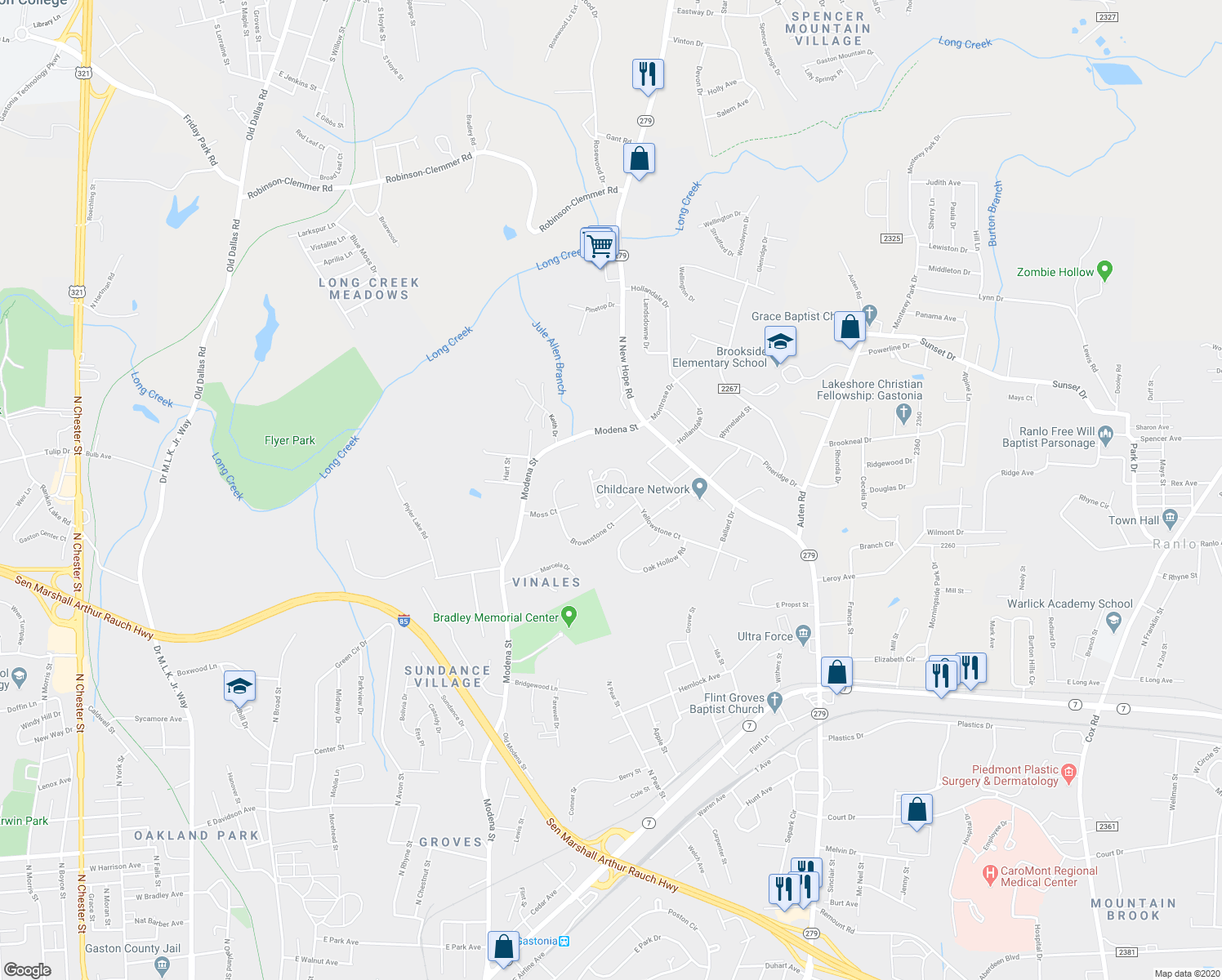 map of restaurants, bars, coffee shops, grocery stores, and more near 1850 Yellowstone Court in Gastonia