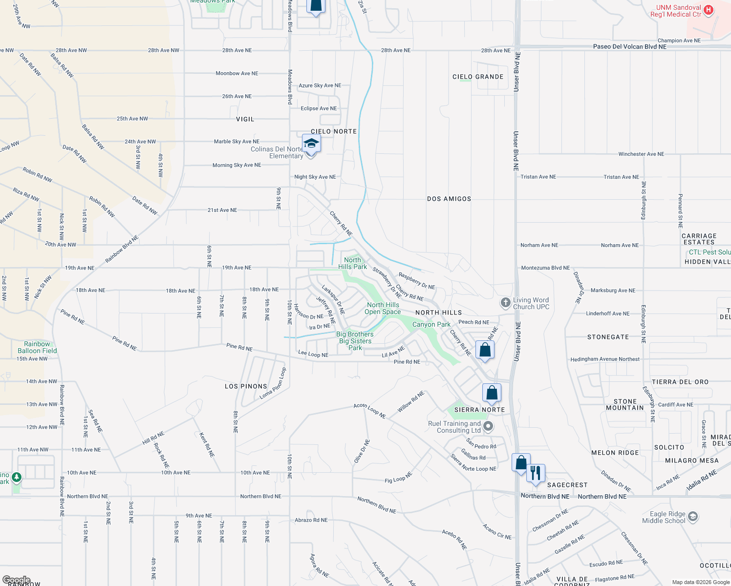map of restaurants, bars, coffee shops, grocery stores, and more near 1692 Twinberry Drive Northeast in Rio Rancho