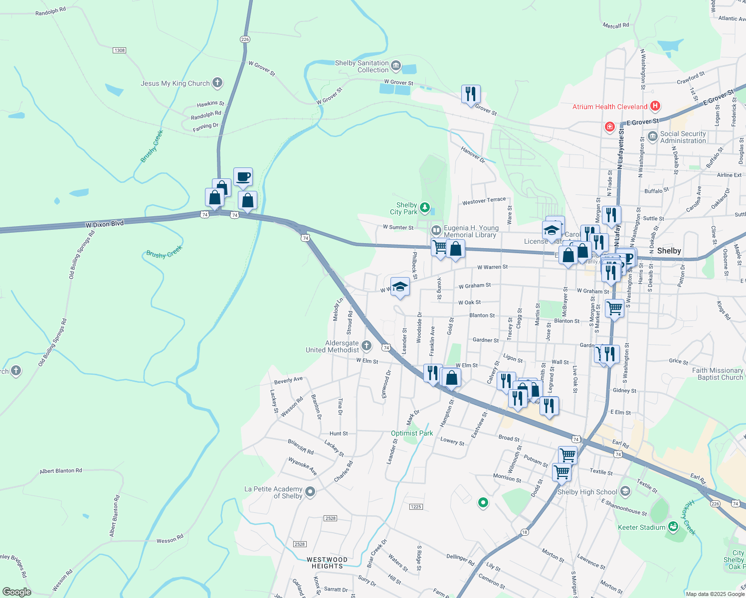 map of restaurants, bars, coffee shops, grocery stores, and more near 937 West Warren Street in Shelby