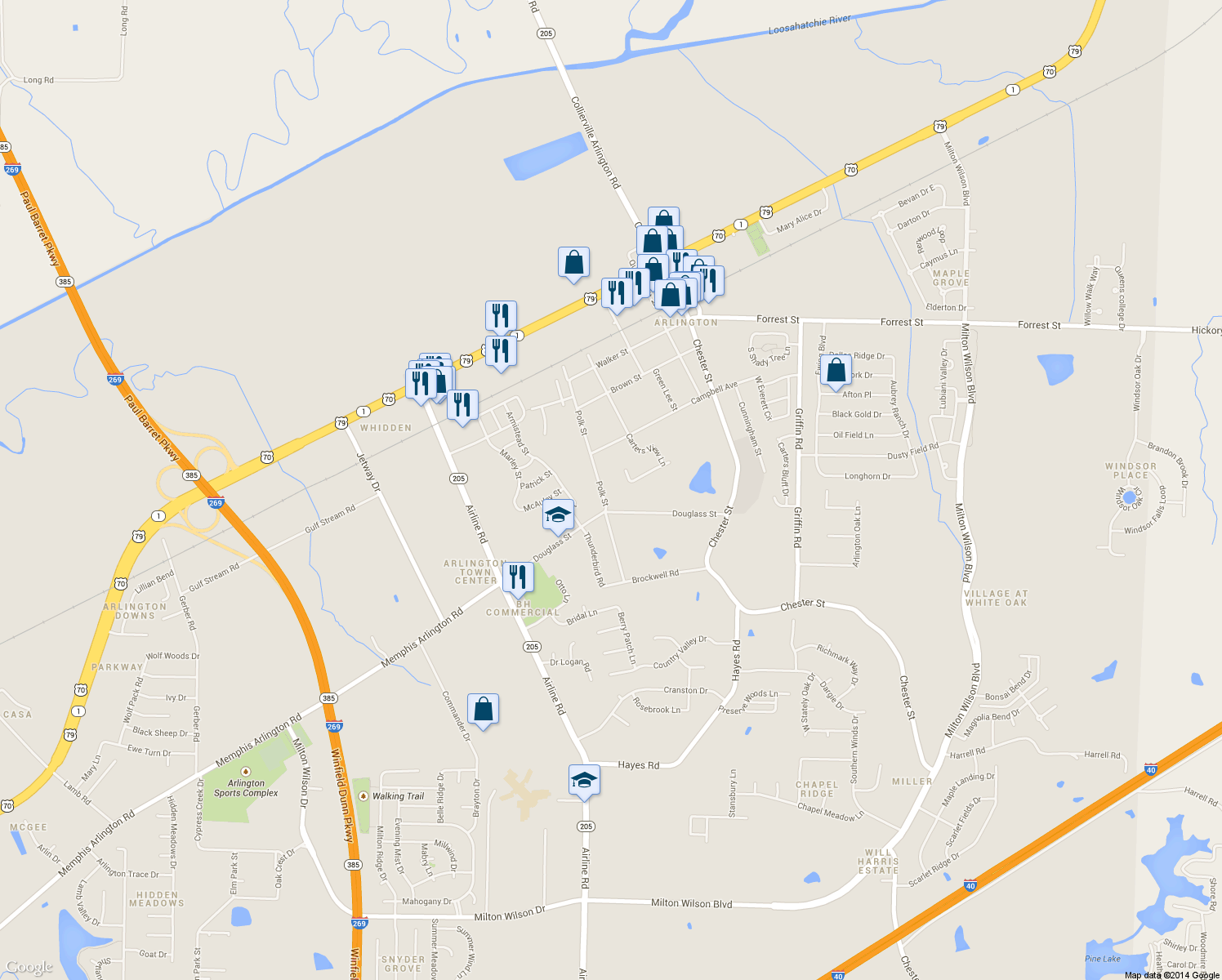 map of restaurants, bars, coffee shops, grocery stores, and more near 5966 Polk Street in Arlington