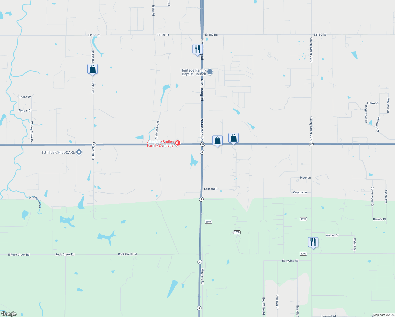 map of restaurants, bars, coffee shops, grocery stores, and more near 113 S Mustang Rd in Tuttle