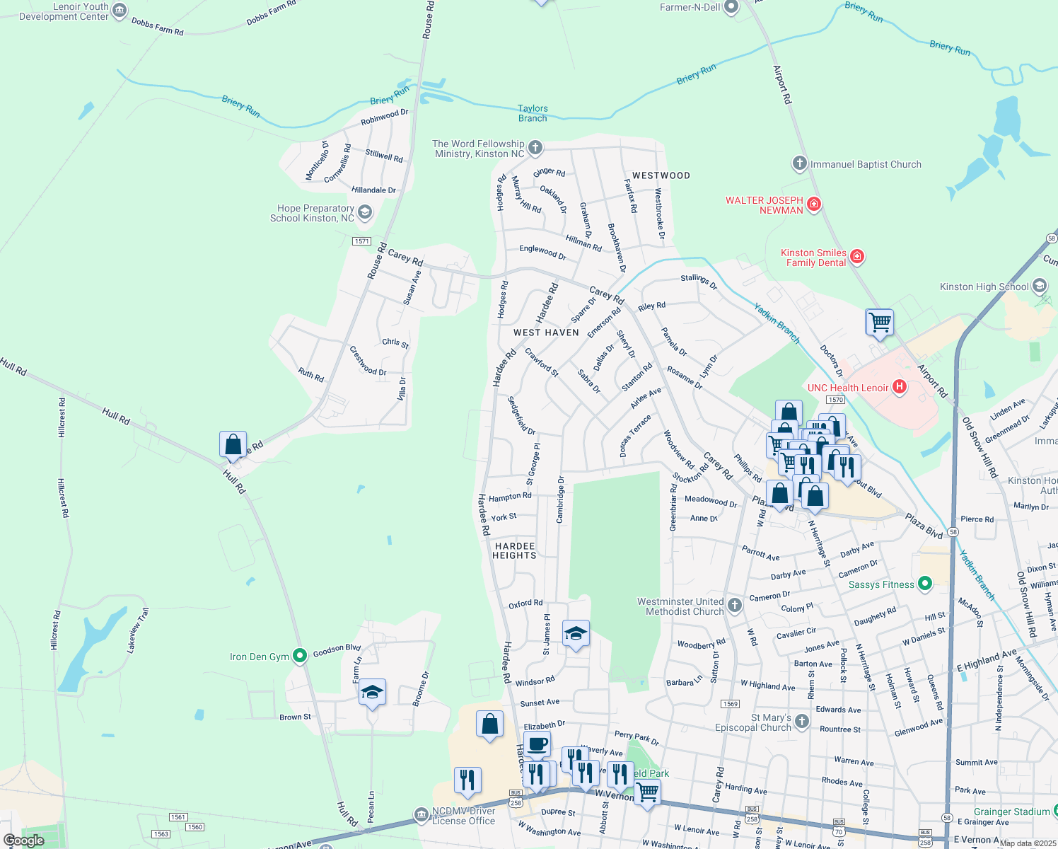 map of restaurants, bars, coffee shops, grocery stores, and more near 1903 Sedgefield Drive in Kinston