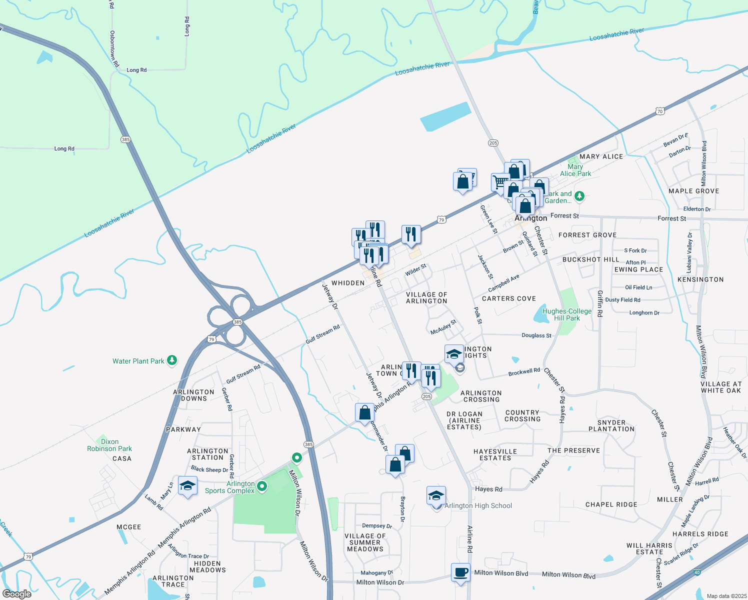 map of restaurants, bars, coffee shops, grocery stores, and more near 6055 Airline Rd in Arlington