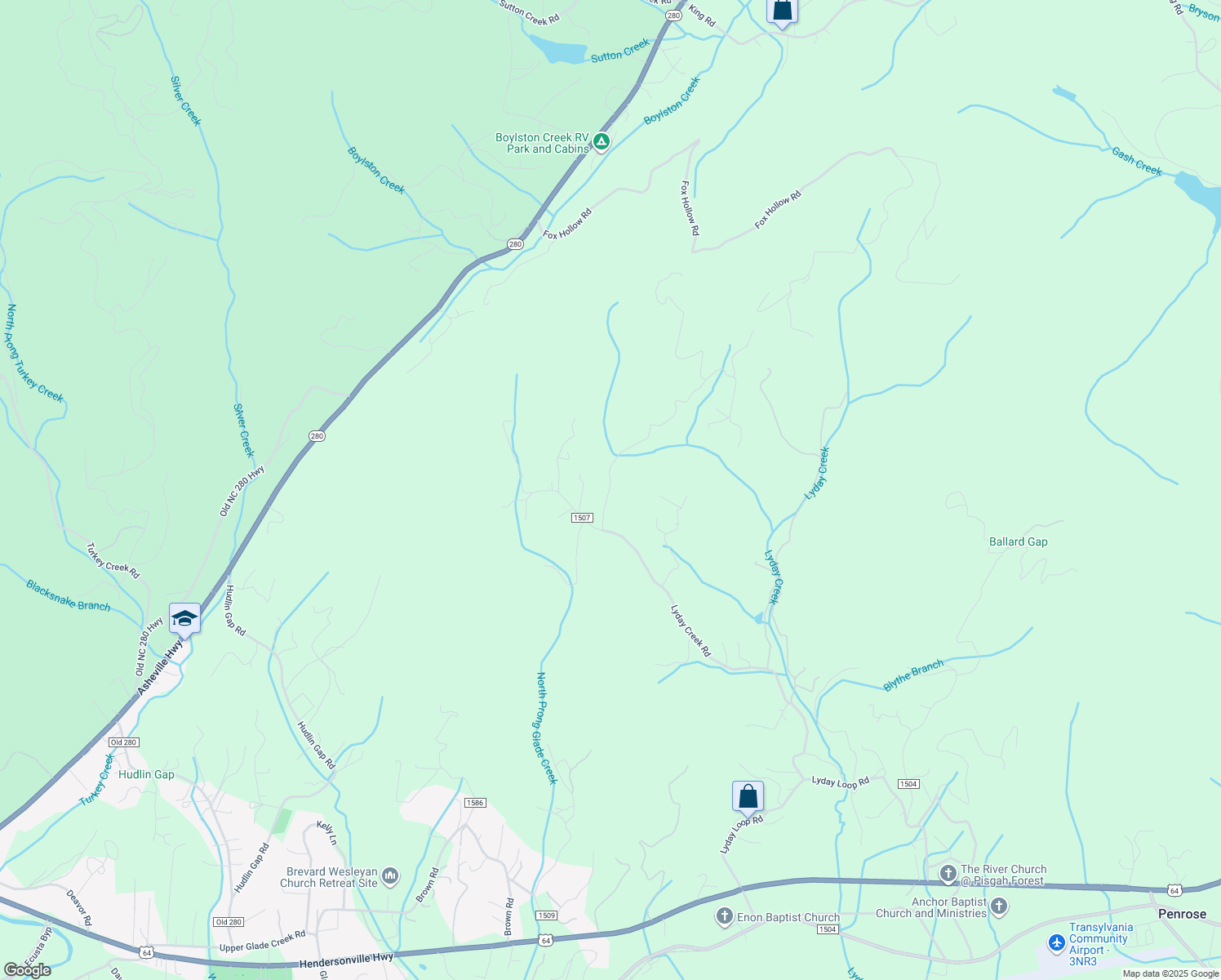 map of restaurants, bars, coffee shops, grocery stores, and more near 112 Crystal Creek Road in Transylvania County