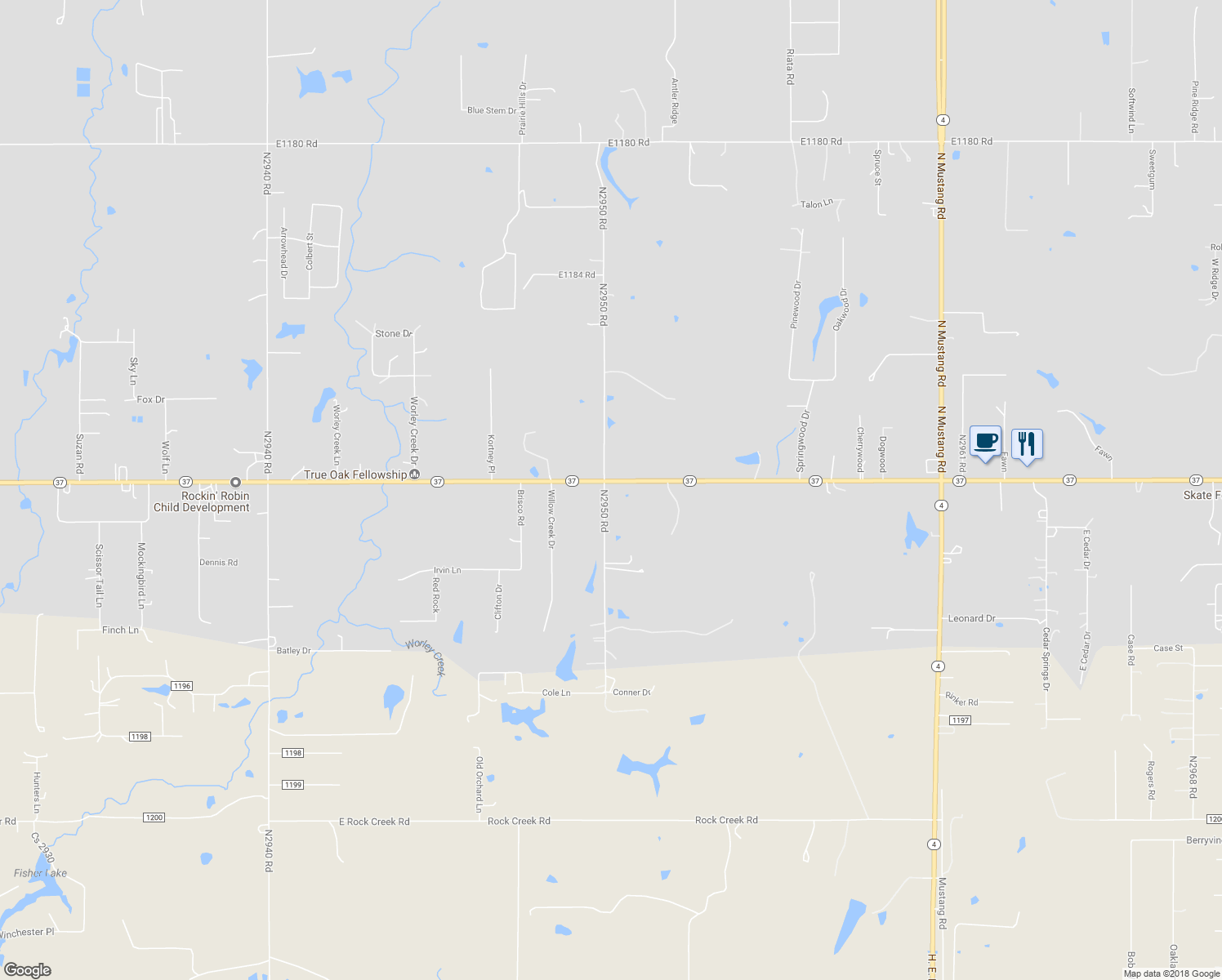 map of restaurants, bars, coffee shops, grocery stores, and more near 4006 Oklahoma 37 in Tuttle