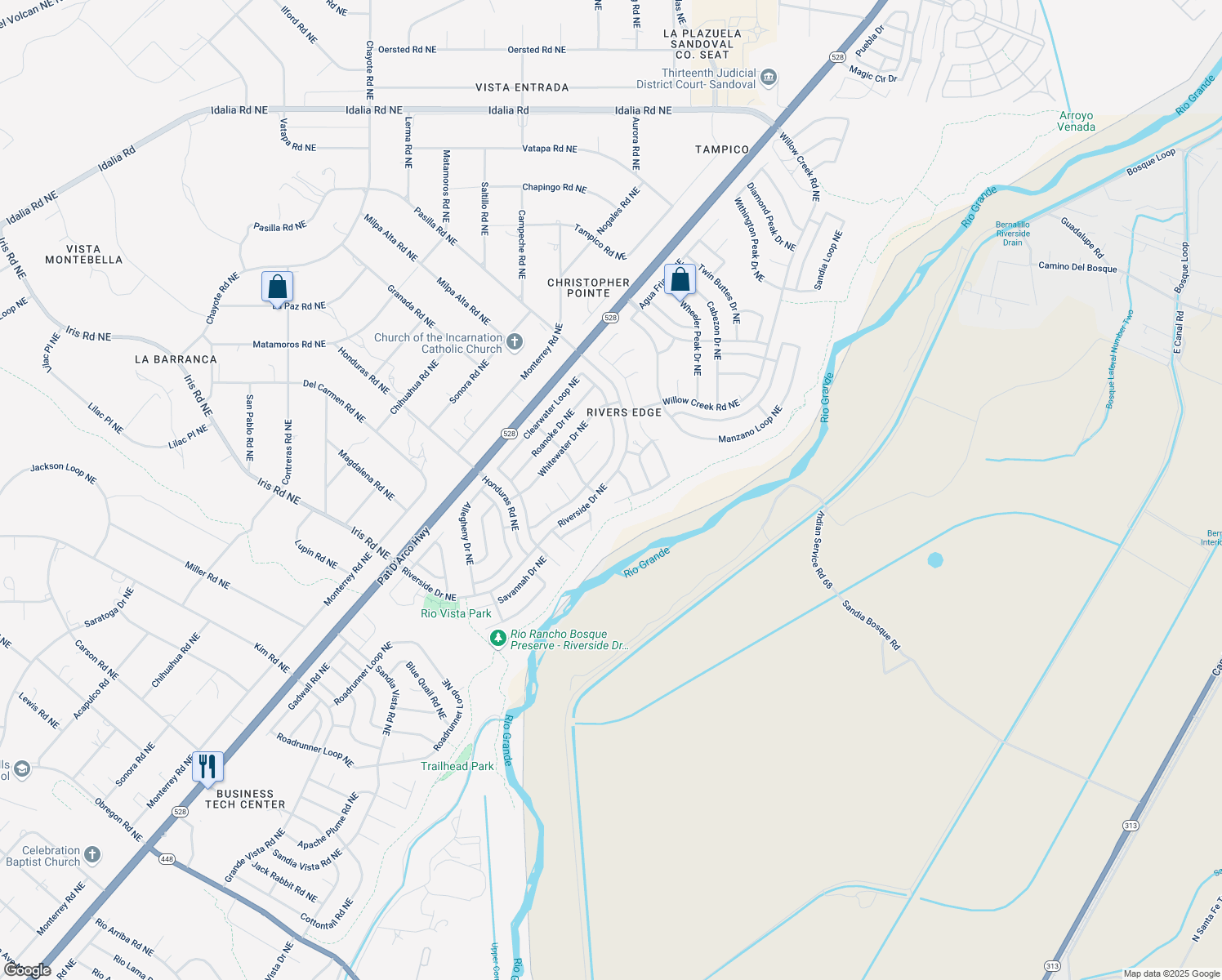map of restaurants, bars, coffee shops, grocery stores, and more near 2042 Rivers Edge Drive Northeast in Rio Rancho