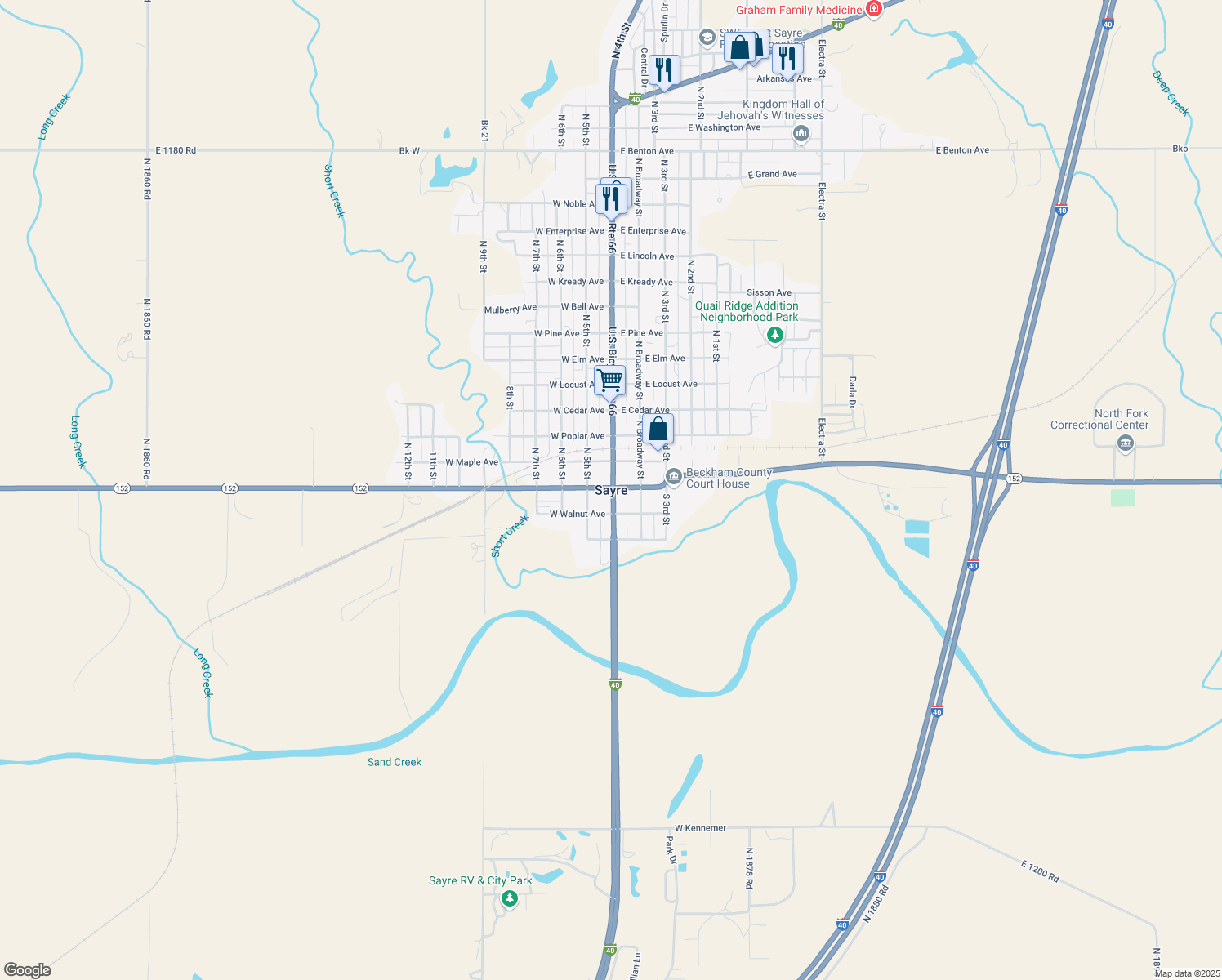 map of restaurants, bars, coffee shops, grocery stores, and more near in Sayre