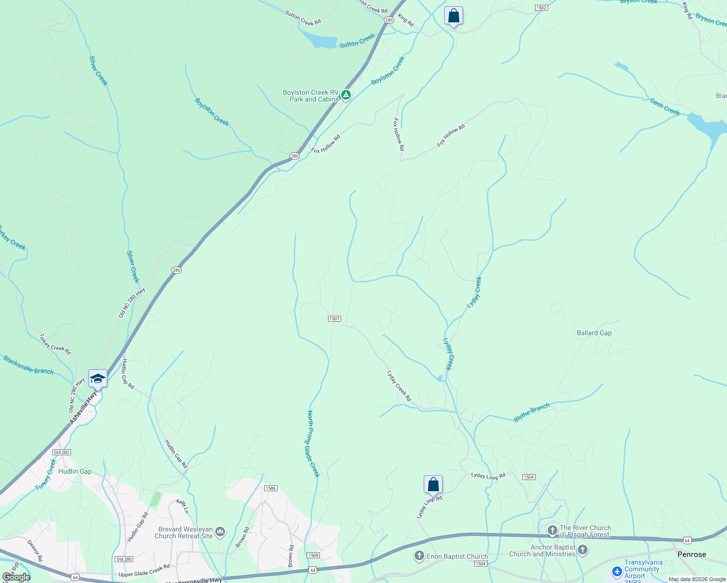 map of restaurants, bars, coffee shops, grocery stores, and more near 112-380 Crystal Creek Road in Pisgah Forest