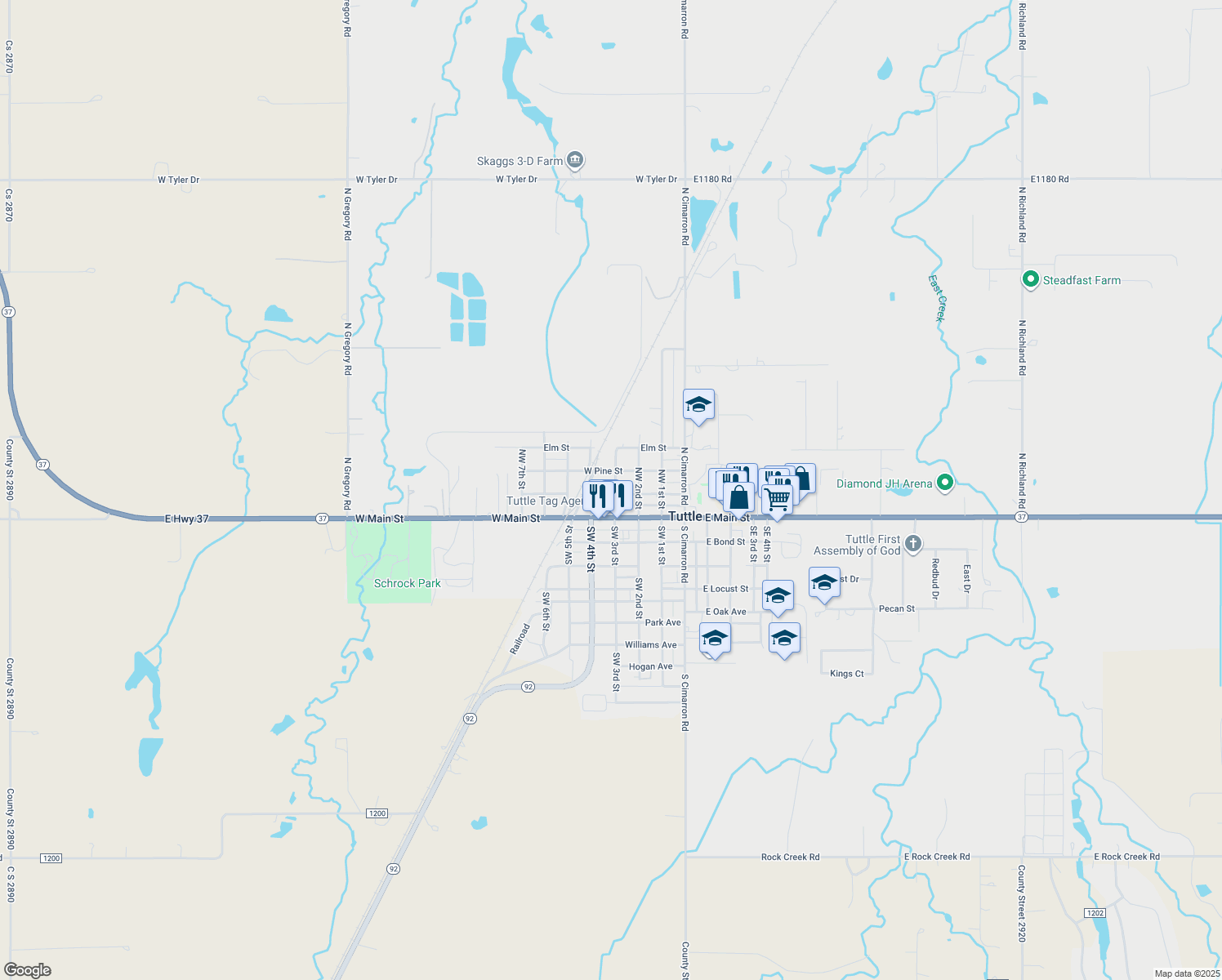 map of restaurants, bars, coffee shops, grocery stores, and more near 101 Northwest 3rd Street in Tuttle