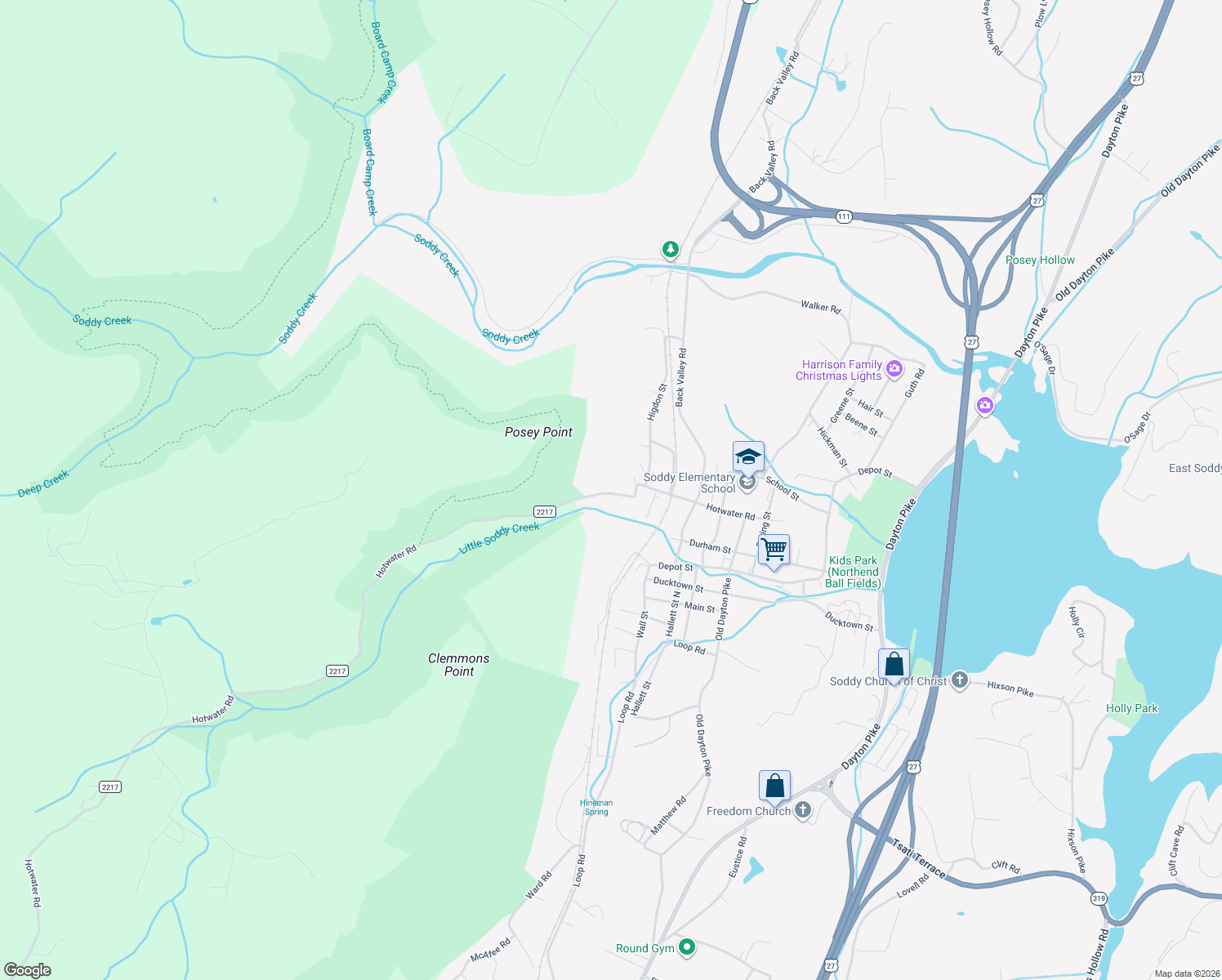 map of restaurants, bars, coffee shops, grocery stores, and more near 433 Hotwater Road in Soddy-Daisy