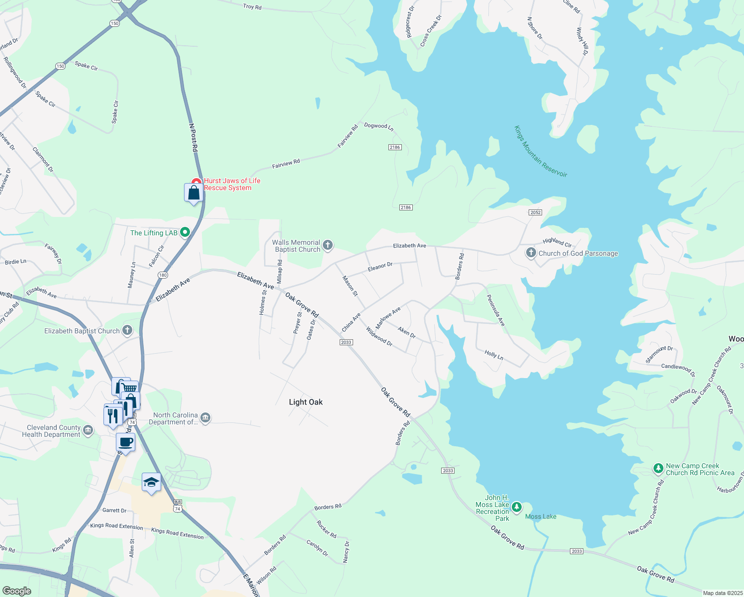 map of restaurants, bars, coffee shops, grocery stores, and more near 2309 China Avenue in Shelby