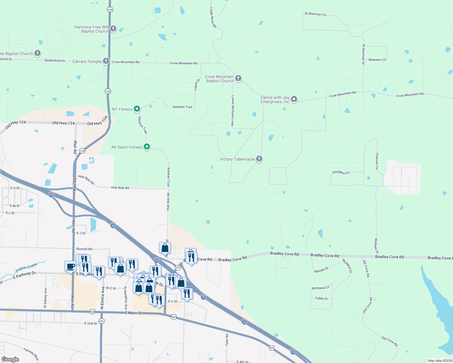 map of restaurants, bars, coffee shops, grocery stores, and more near 11 Bluff Drive in Russellville