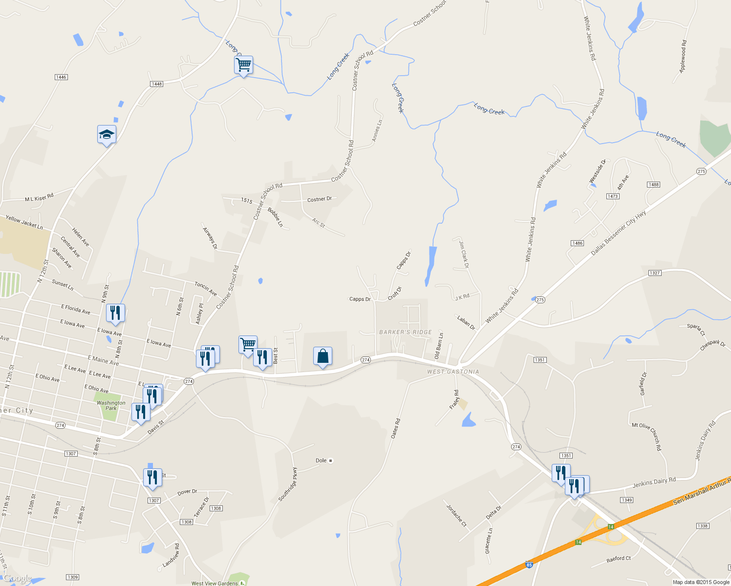 map of restaurants, bars, coffee shops, grocery stores, and more near 401 Holland Memorial Church Road in Bessemer City