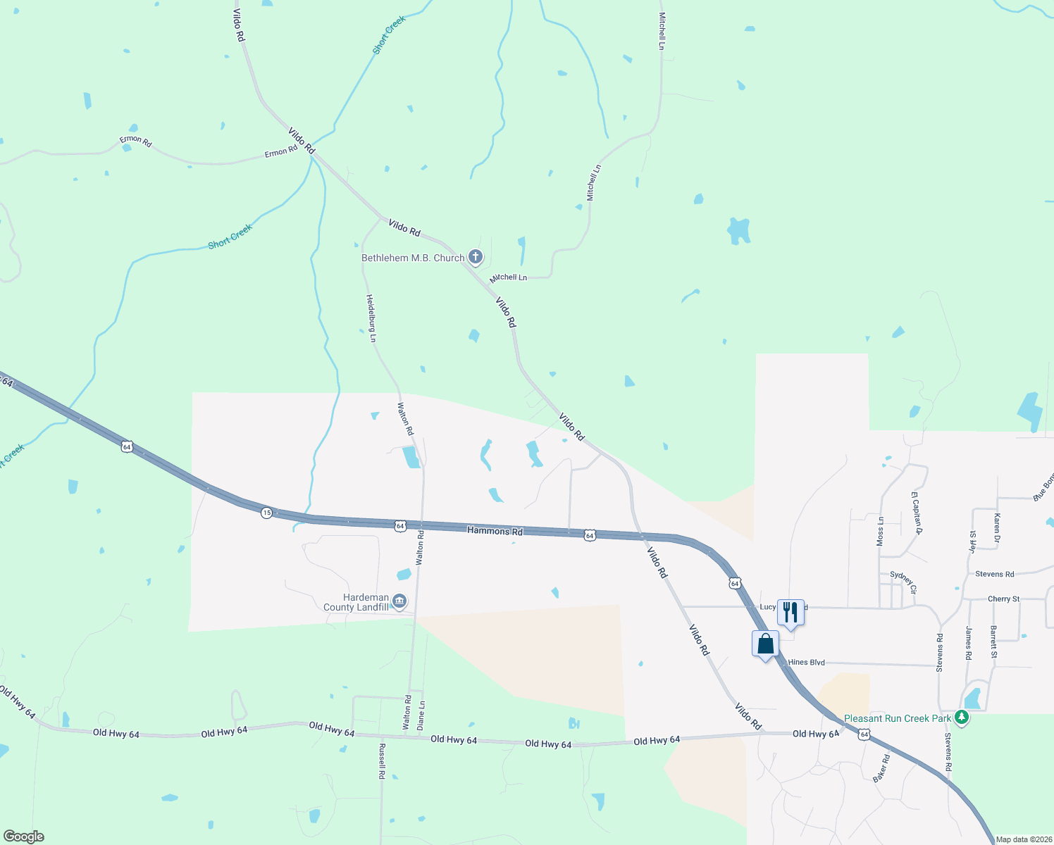 map of restaurants, bars, coffee shops, grocery stores, and more near 1415 Vildo Road in Bolivar