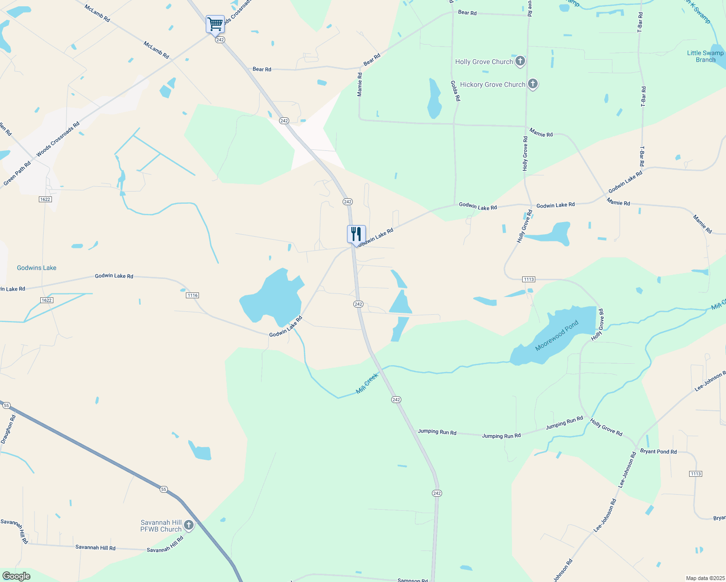 map of restaurants, bars, coffee shops, grocery stores, and more near 100 Gethro Lane in Dunn