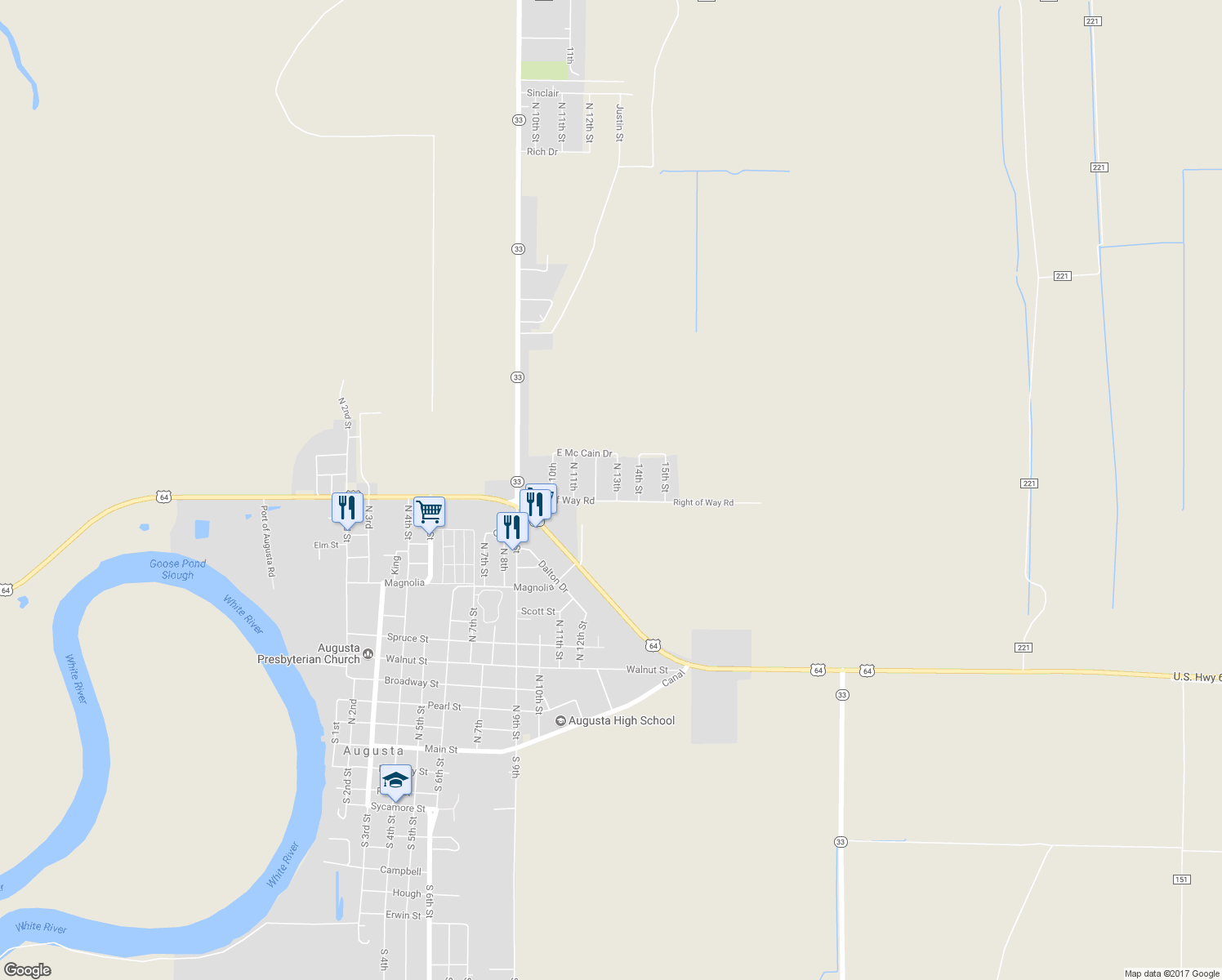 map of restaurants, bars, coffee shops, grocery stores, and more near 1001 North 13th Street in Augusta