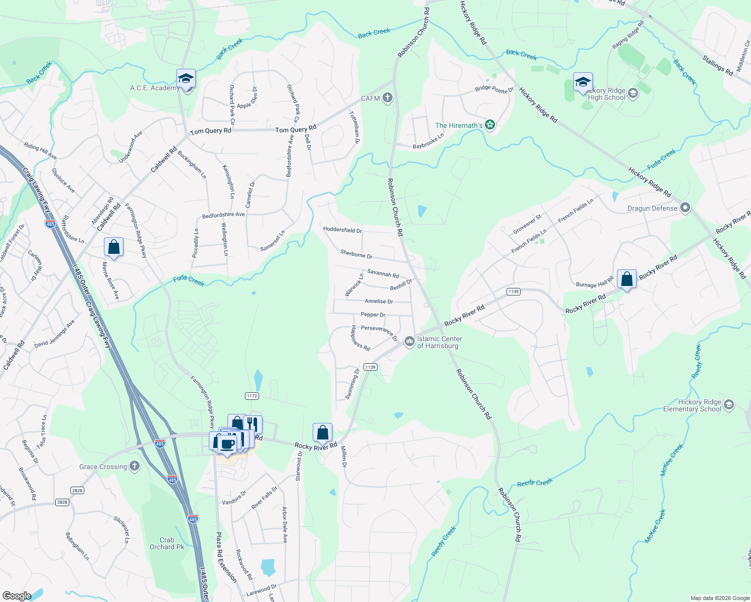 map of restaurants, bars, coffee shops, grocery stores, and more near 4893 Annelise Dr in Charlotte