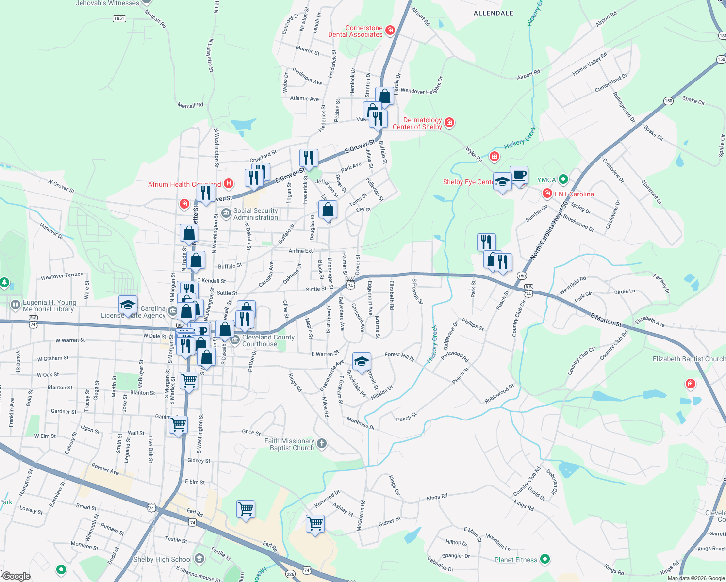 map of restaurants, bars, coffee shops, grocery stores, and more near 825 Hawthorne Rd in Shelby