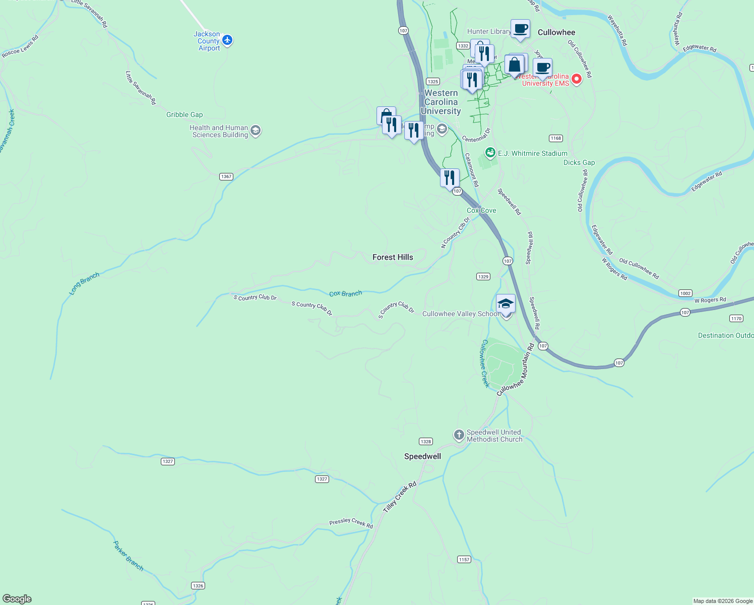 map of restaurants, bars, coffee shops, grocery stores, and more near 848 S Country Club Dr in Cullowhee