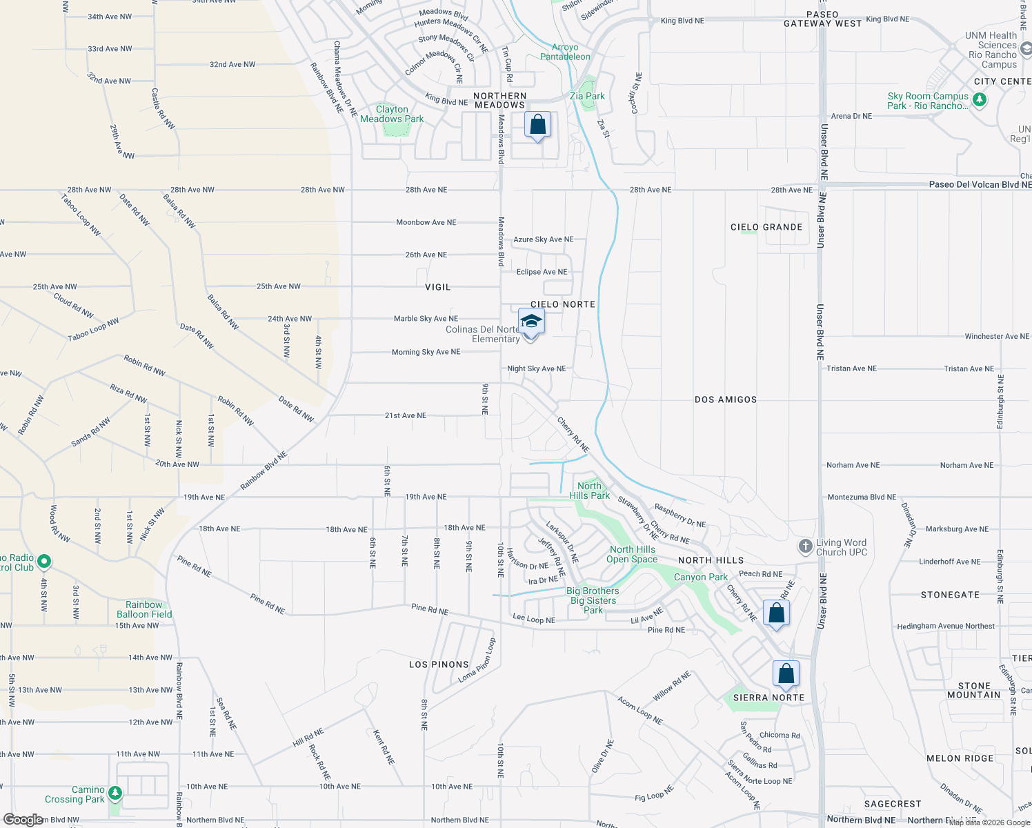 map of restaurants, bars, coffee shops, grocery stores, and more near 2160 High Desert Circle Northeast in Rio Rancho