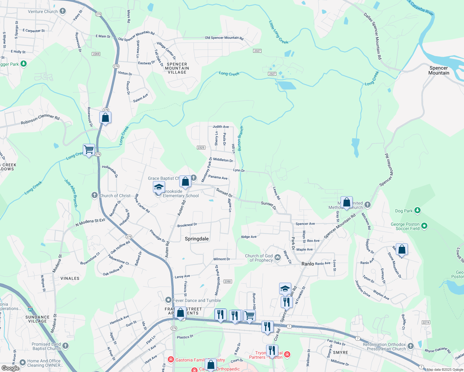 map of restaurants, bars, coffee shops, grocery stores, and more near 2118 Panama Avenue in Gastonia