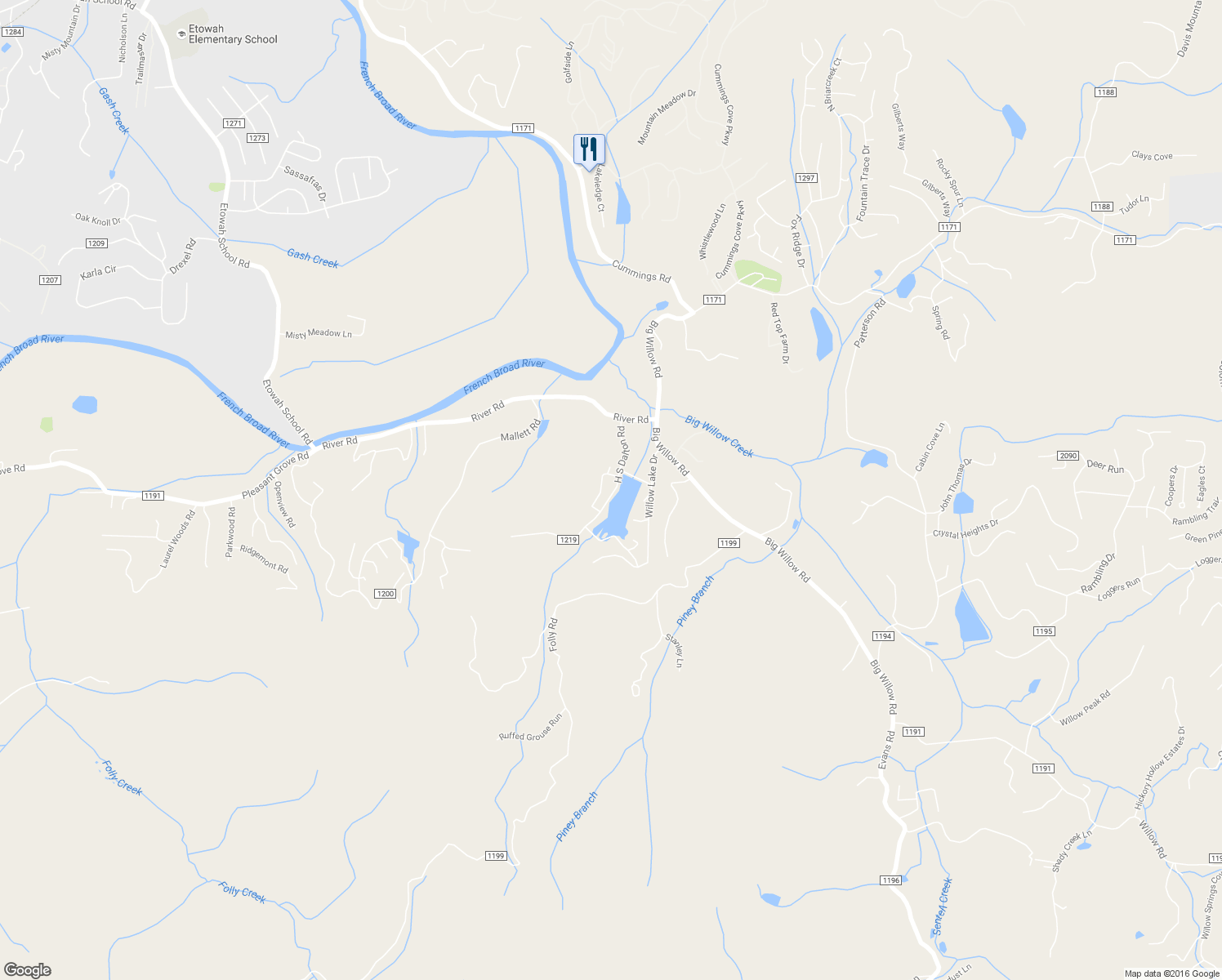 map of restaurants, bars, coffee shops, grocery stores, and more near 91 Willow Way in Hendersonville