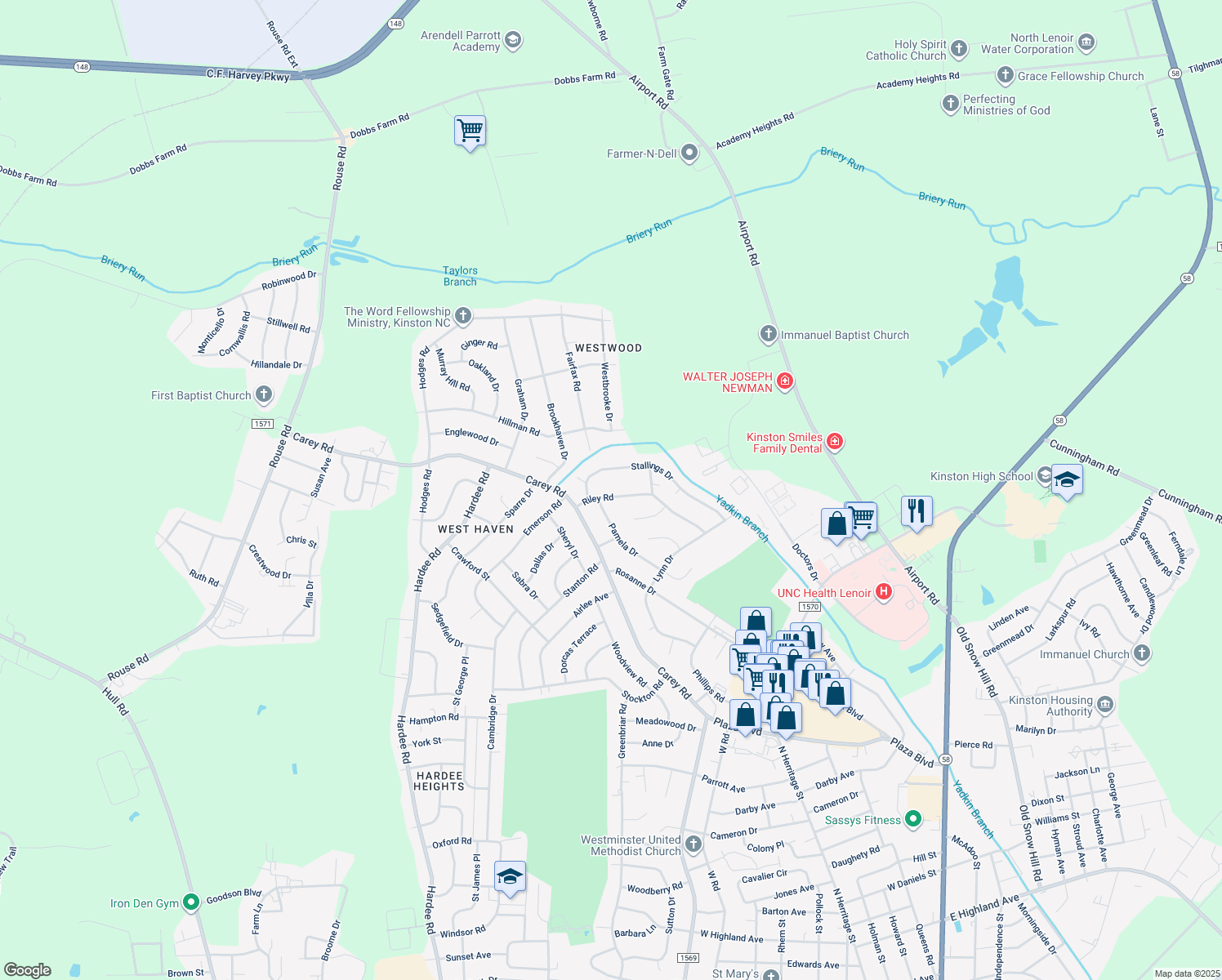 map of restaurants, bars, coffee shops, grocery stores, and more near 2204 Riley Road in Kinston